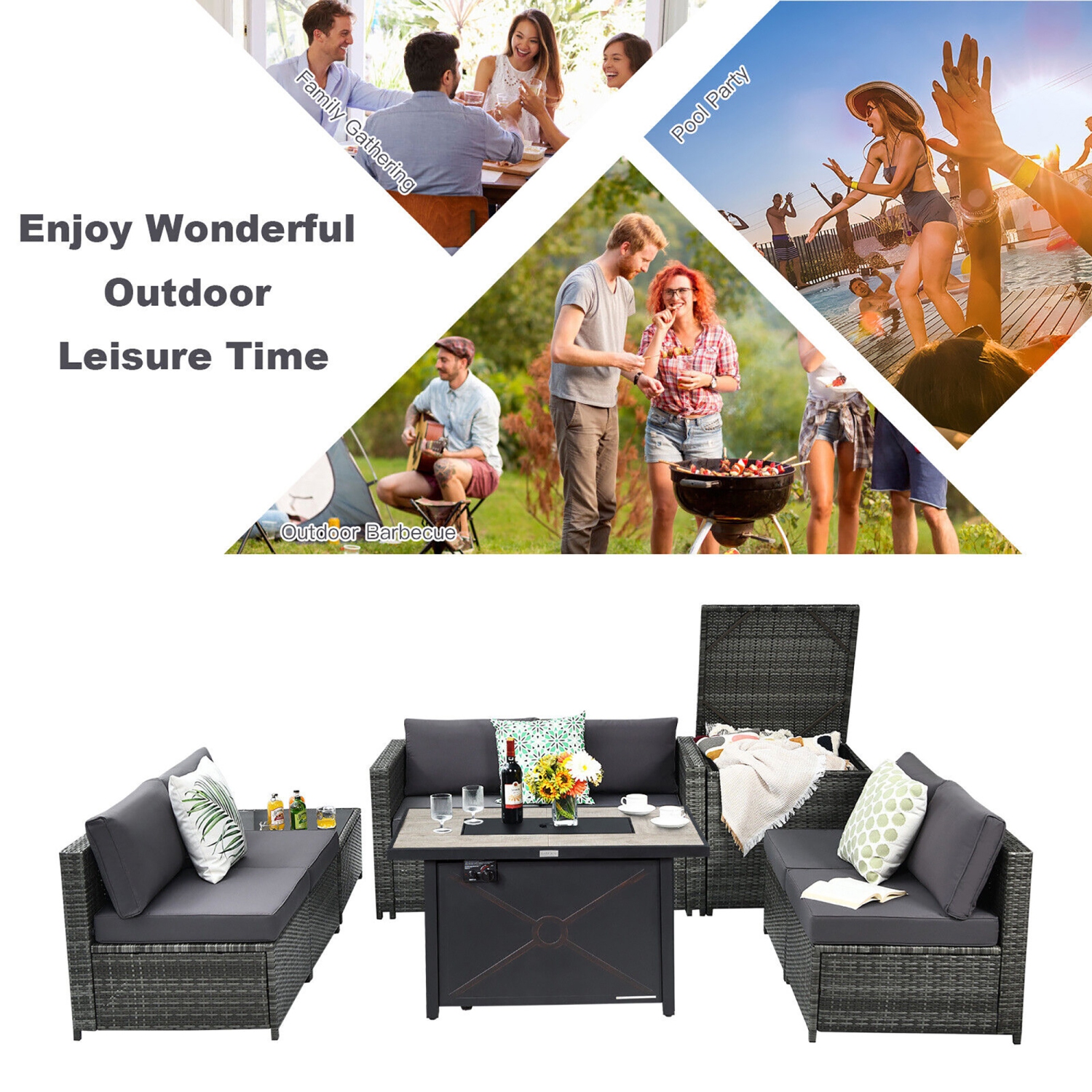 Gymax 9 PCS Patio Rattan Furniture Set Fire Pit Table Storage Grey W/ Cover
