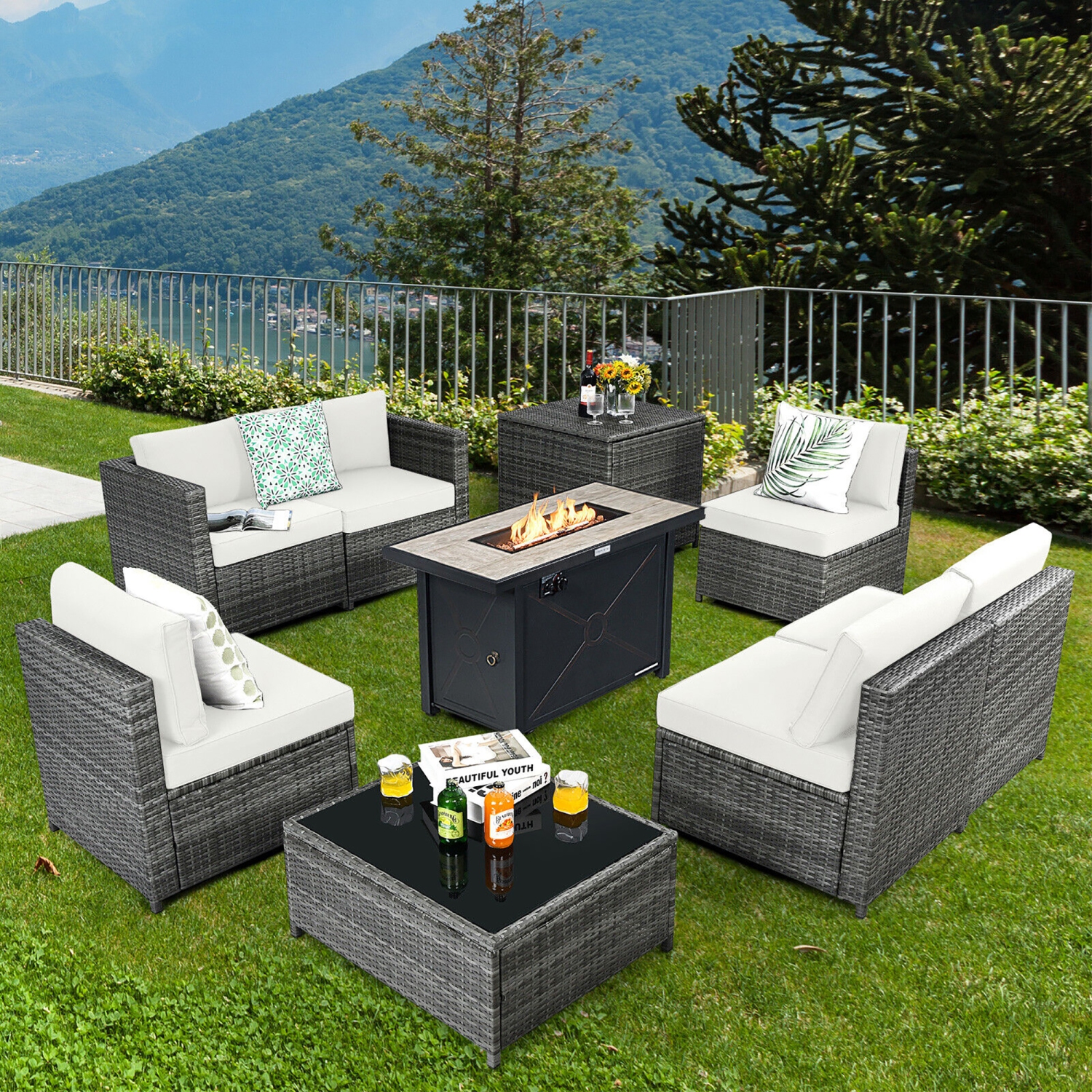Gymax 9 PCS Patio Rattan Furniture Set Fire Pit Table Storage Grey W/ Cover