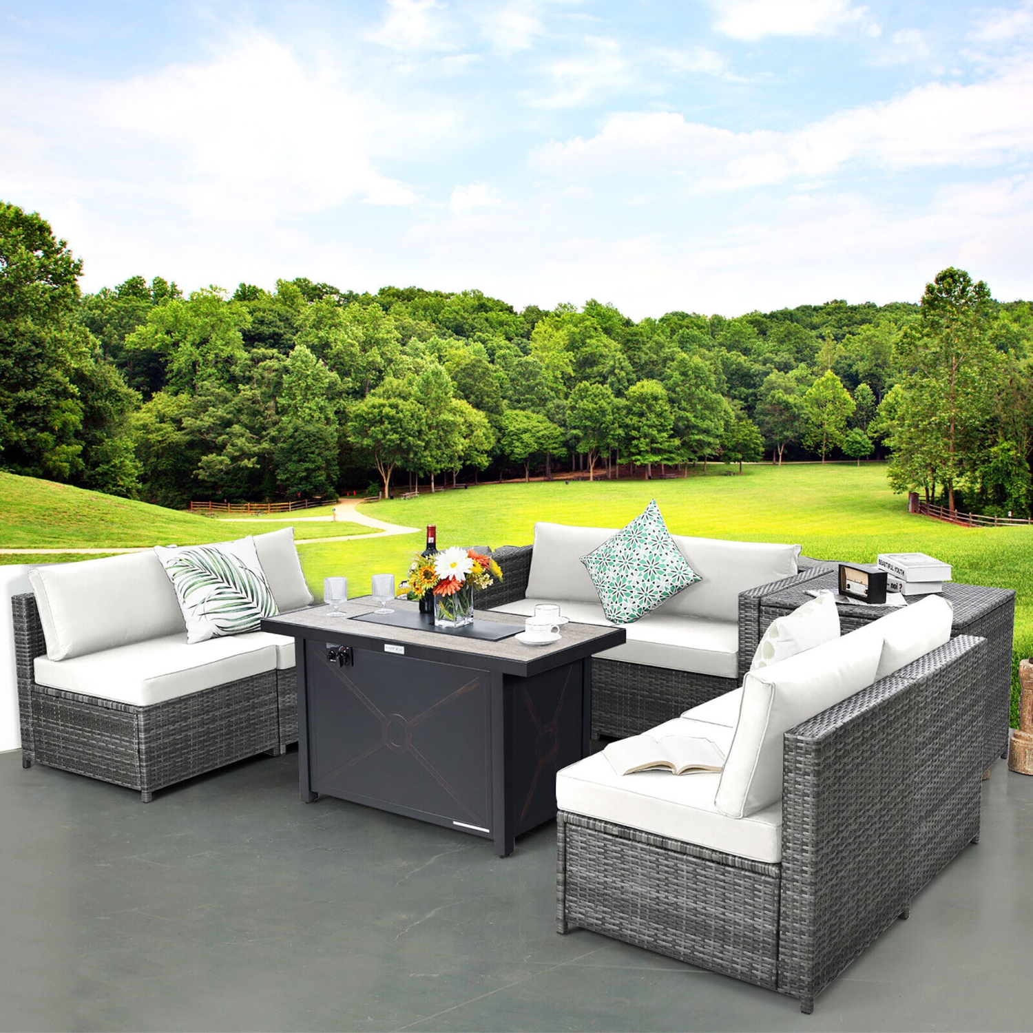 Gymax 9 PCS Patio Rattan Furniture Set Fire Pit Table Storage Grey W/ Cover