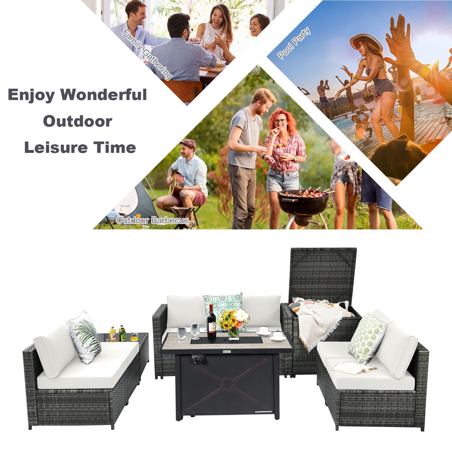 Gymax 9 PCS Patio Rattan Furniture Set Fire Pit Table Storage Grey W/ Cover