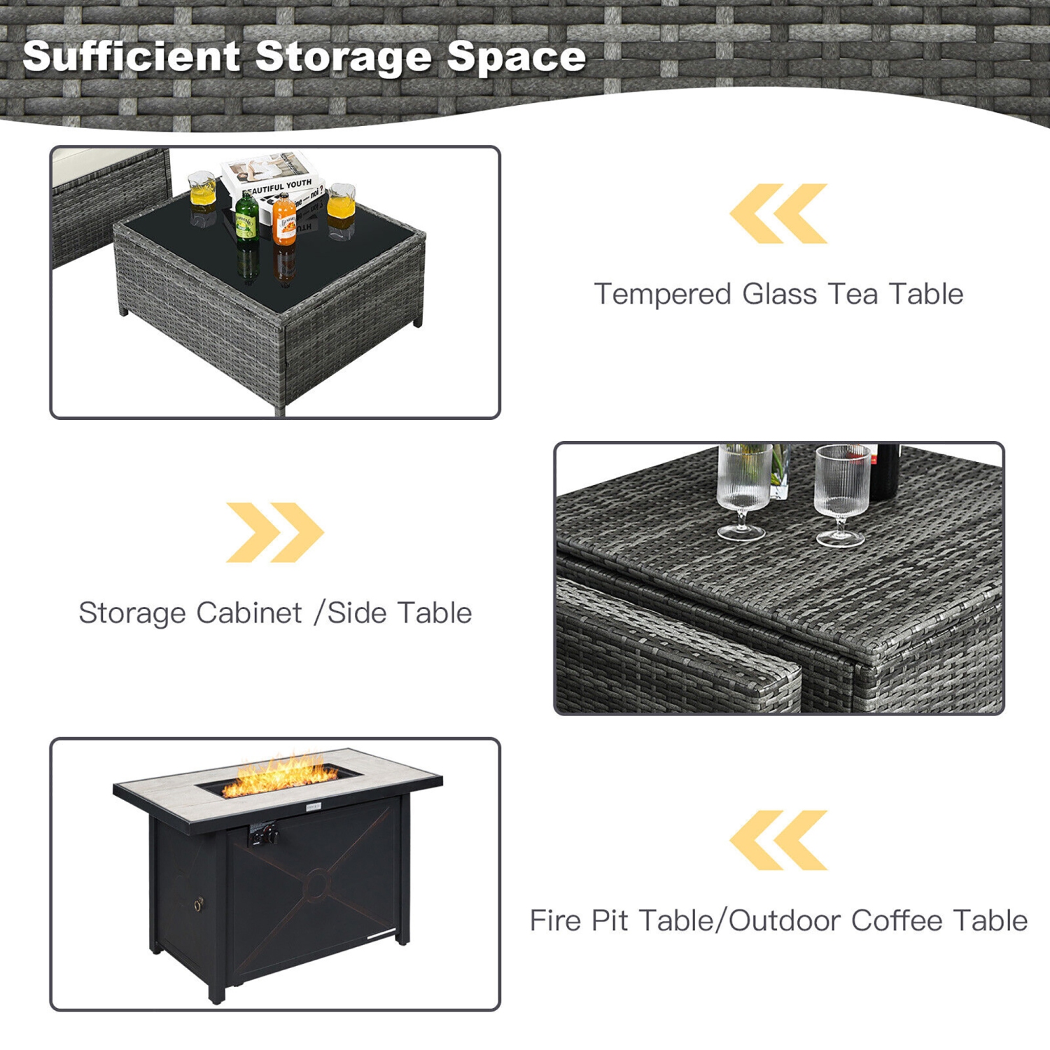 Gymax 9 PCS Patio Rattan Furniture Set Fire Pit Table Storage Grey W/ Cover