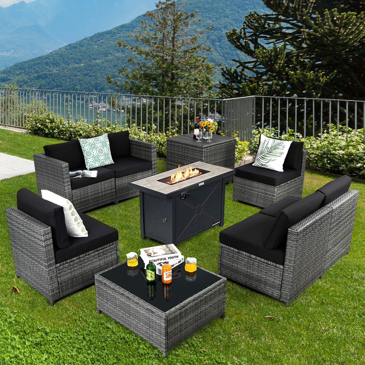 Gymax 9 PCS Patio Rattan Furniture Set Fire Pit Table Storage Grey W/ Cover