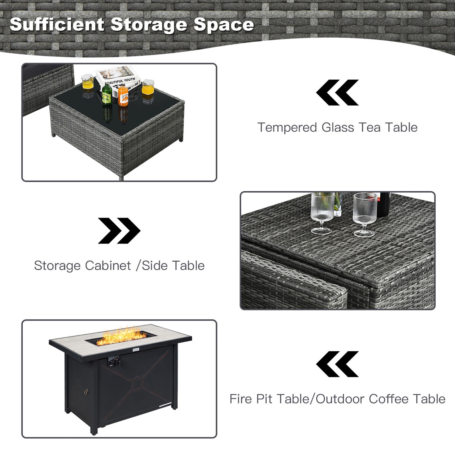 Gymax 9 PCS Patio Rattan Furniture Set Fire Pit Table Storage Grey W/ Cover