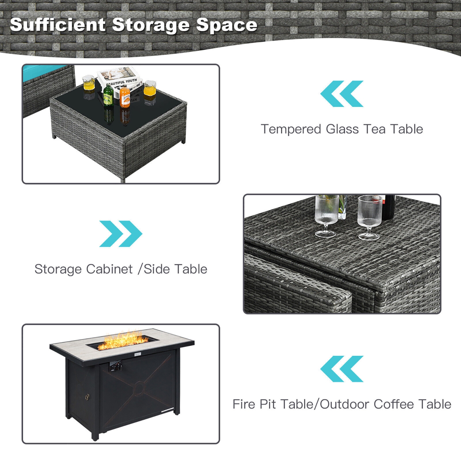 Gymax 9 PCS Patio Rattan Furniture Set Fire Pit Table Storage Grey W/ Cover