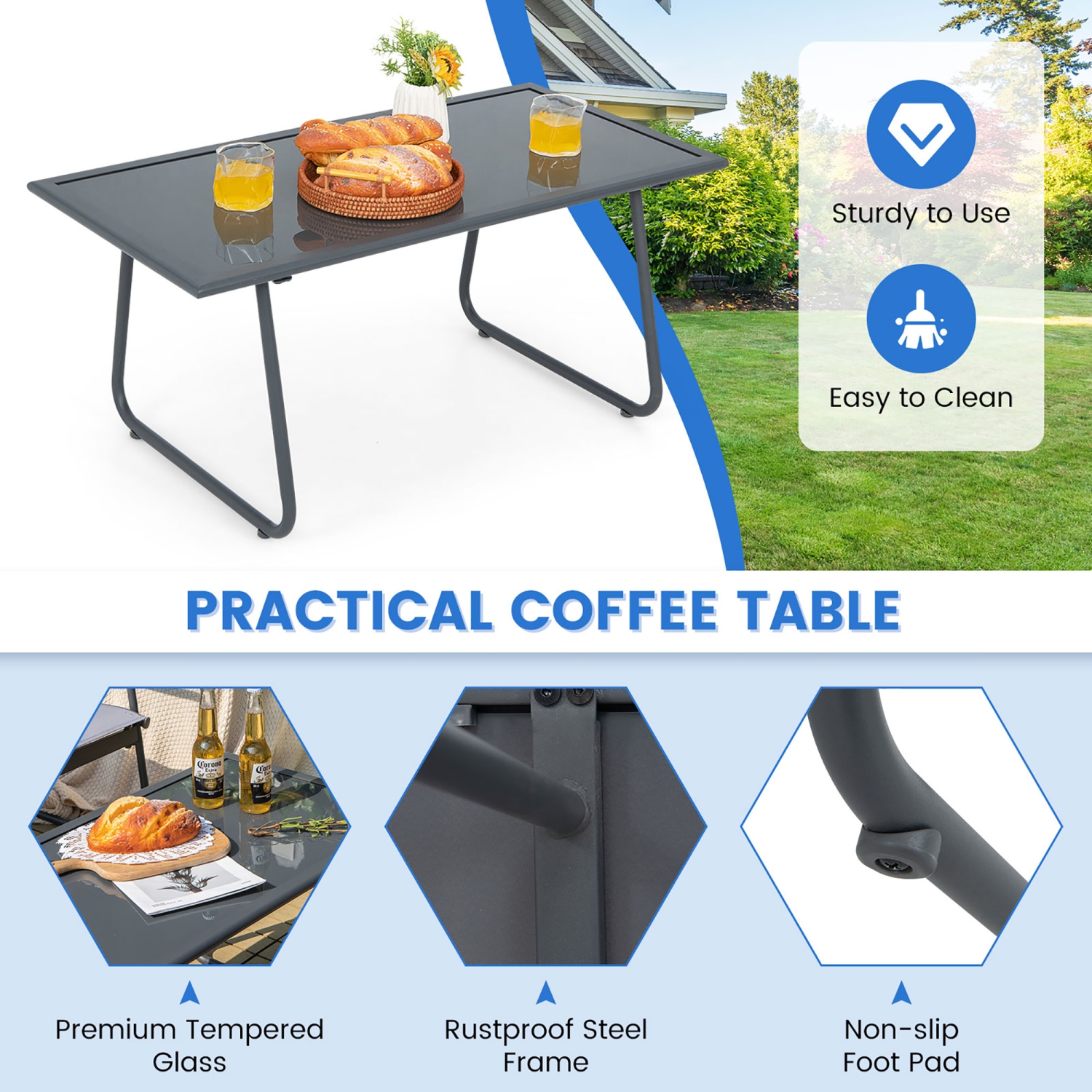 Gymax 4PCS Metal Outdoor Conversation Set Patio Furniture Set w/ Glass Table