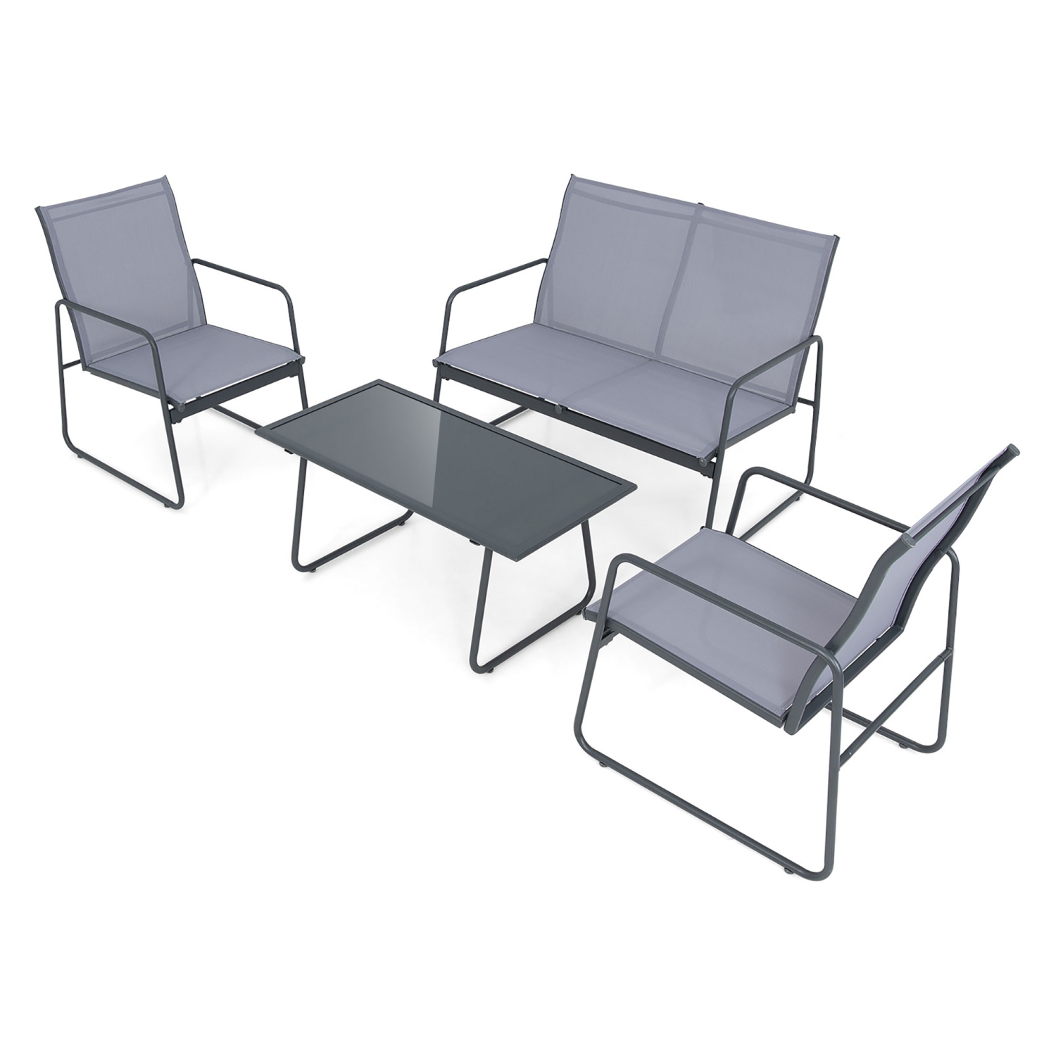 Gymax 4PCS Metal Outdoor Conversation Set Patio Furniture Set w/ Glass Table