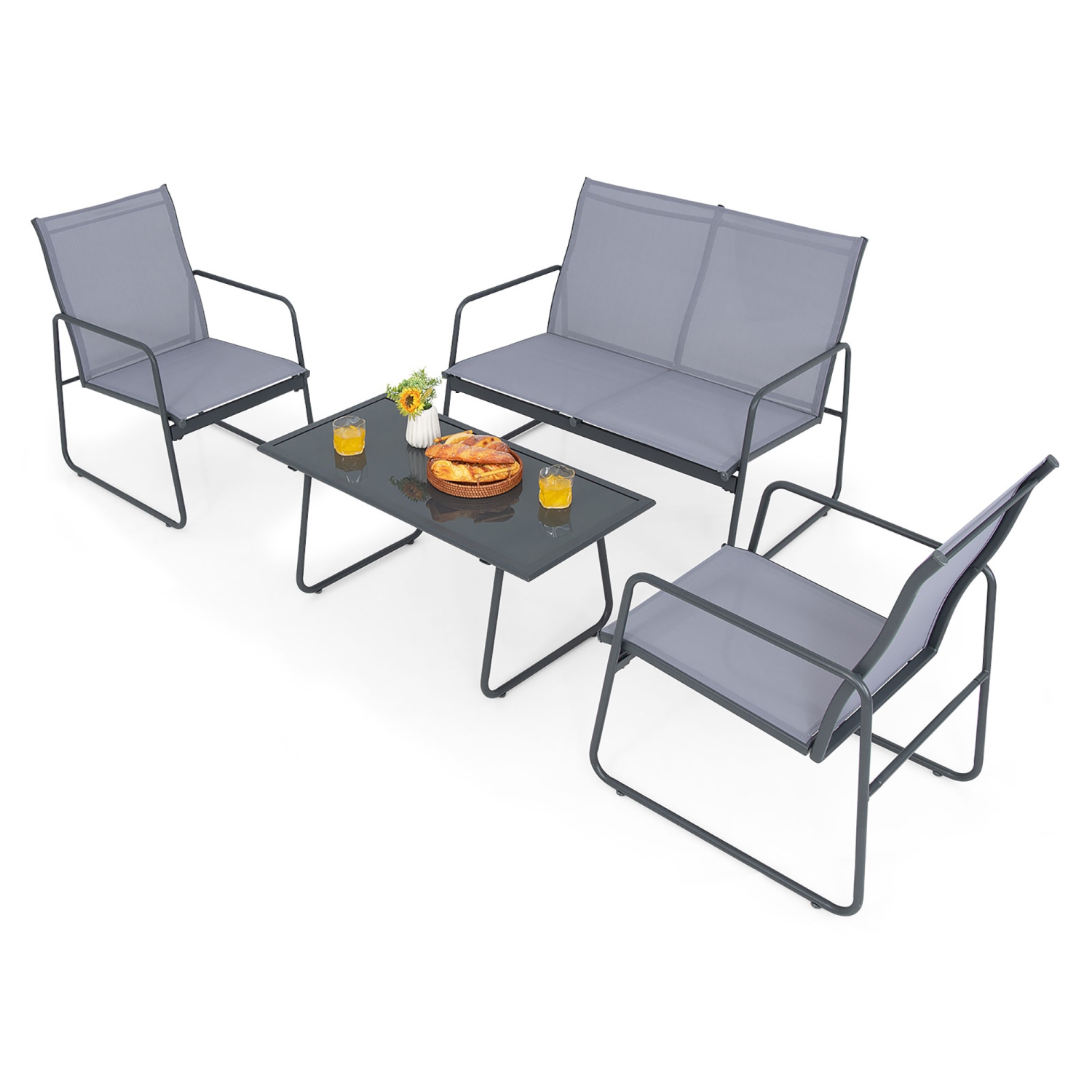 Gymax 4PCS Metal Outdoor Conversation Set Patio Furniture Set w/ Glass Table