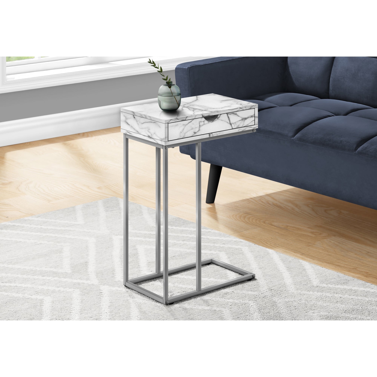 Monarch Specialties I 3772 Accent Table - 25"H / White Marble / Silver Metal