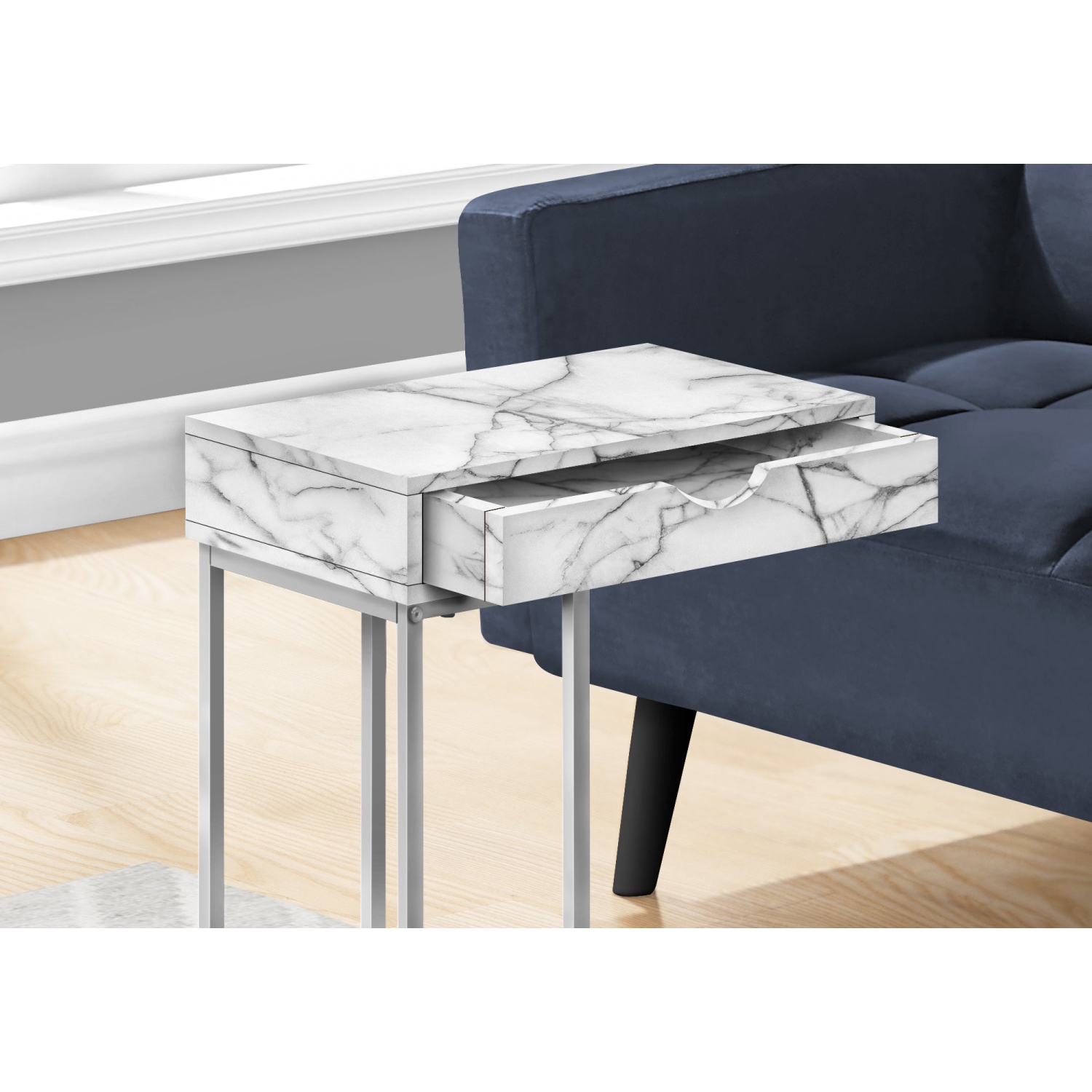 Monarch Specialties I 3772 Accent Table - 25"H / White Marble / Silver Metal