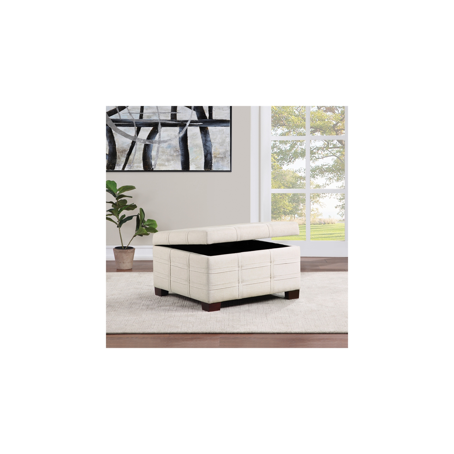 Detour Strap Square Storage Ottoman in Linen White Fabric