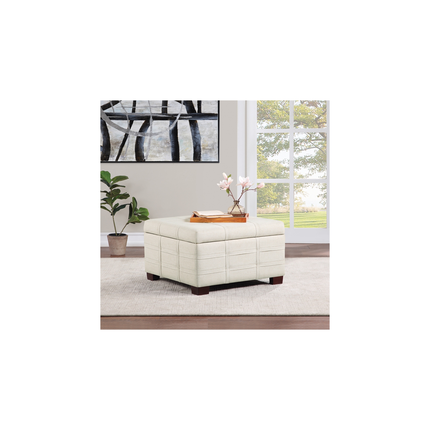 Detour Strap Square Storage Ottoman in Linen White Fabric
