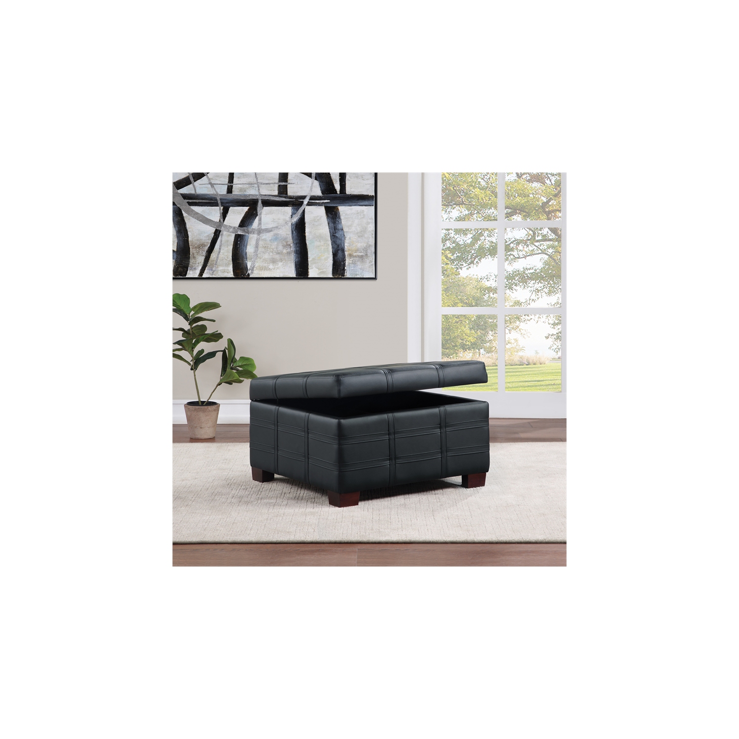 Detour Strap Square Storage Ottoman in Black Faux Leather