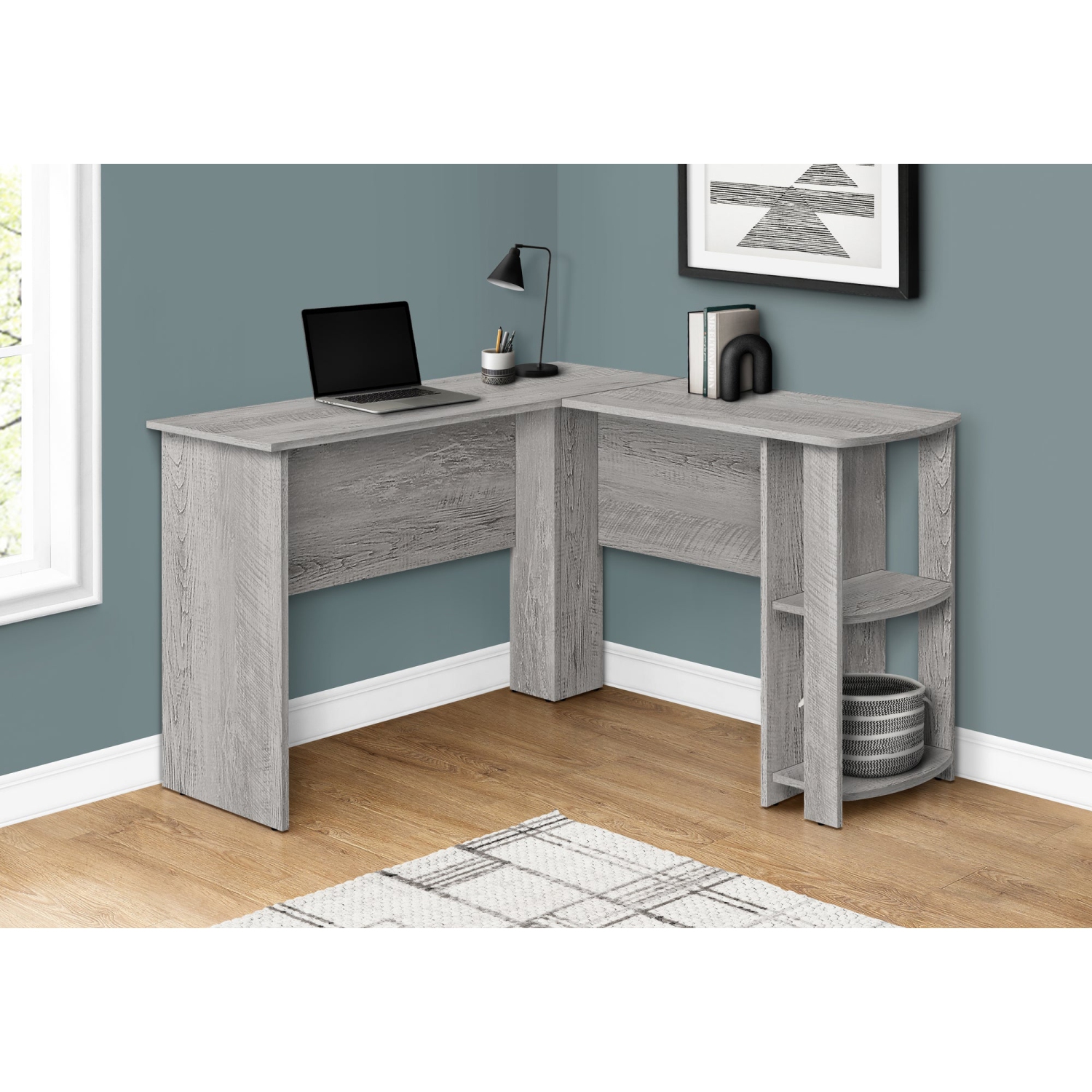 Monarch Specialties I 7720 Computer Desk - Industrial Grey L-shaped Corner/2 Shelves
