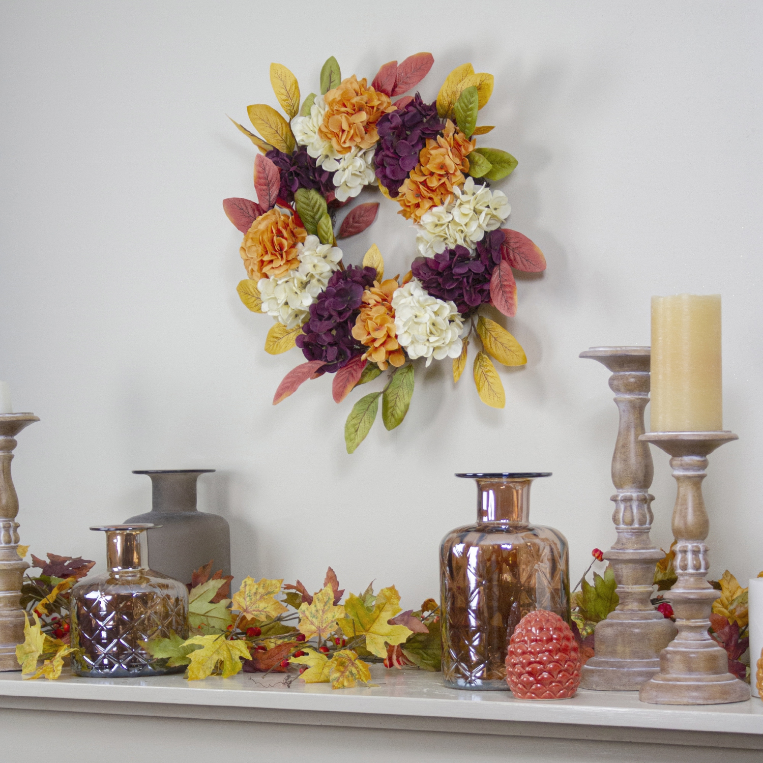 Hydrangeas and Leaves Twig Artificial Floral Wreath, Orange 20-Inch