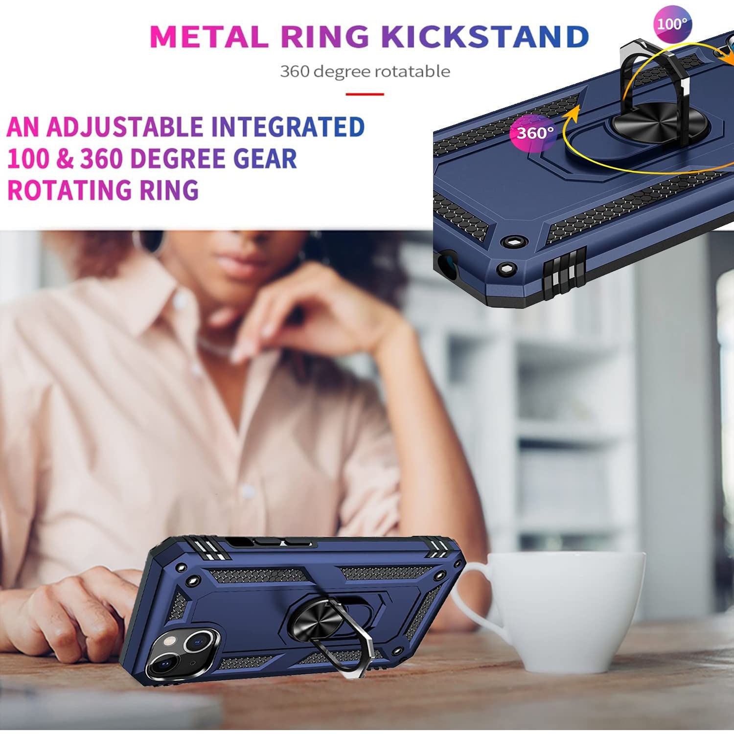 [SuperShield]Étui anti-chute avec béquille magnétique hybride en caoutchouc avec support à anneau pour iPhone 14 Pro, bleu