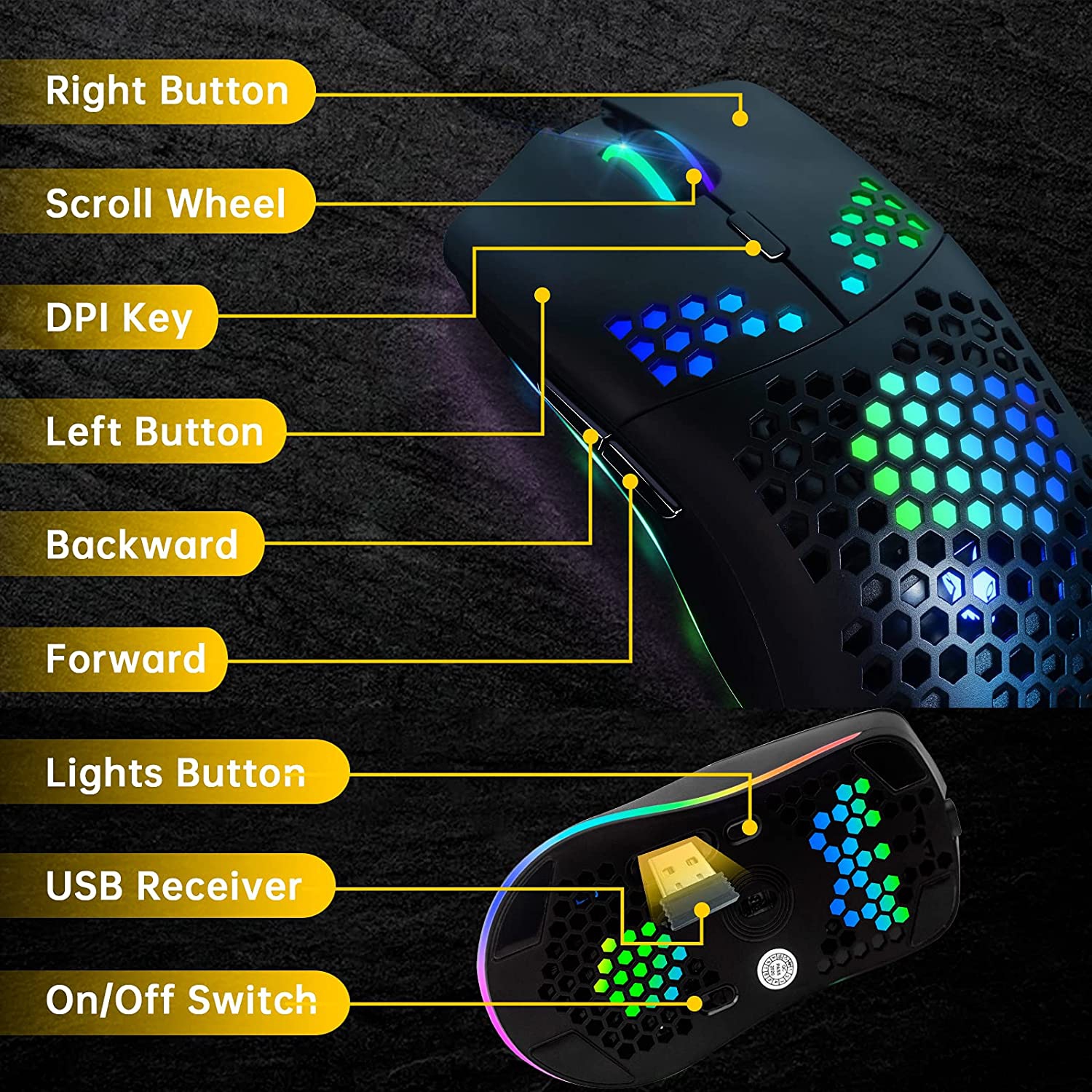 Wireless Gaming Mouse,Computer Mouse with Honeycomb Shell,11 RGB Backlit,3,400 DPI,6 Programmed Buttons,USB Receiver,Power Saving,Wireless Mouse for