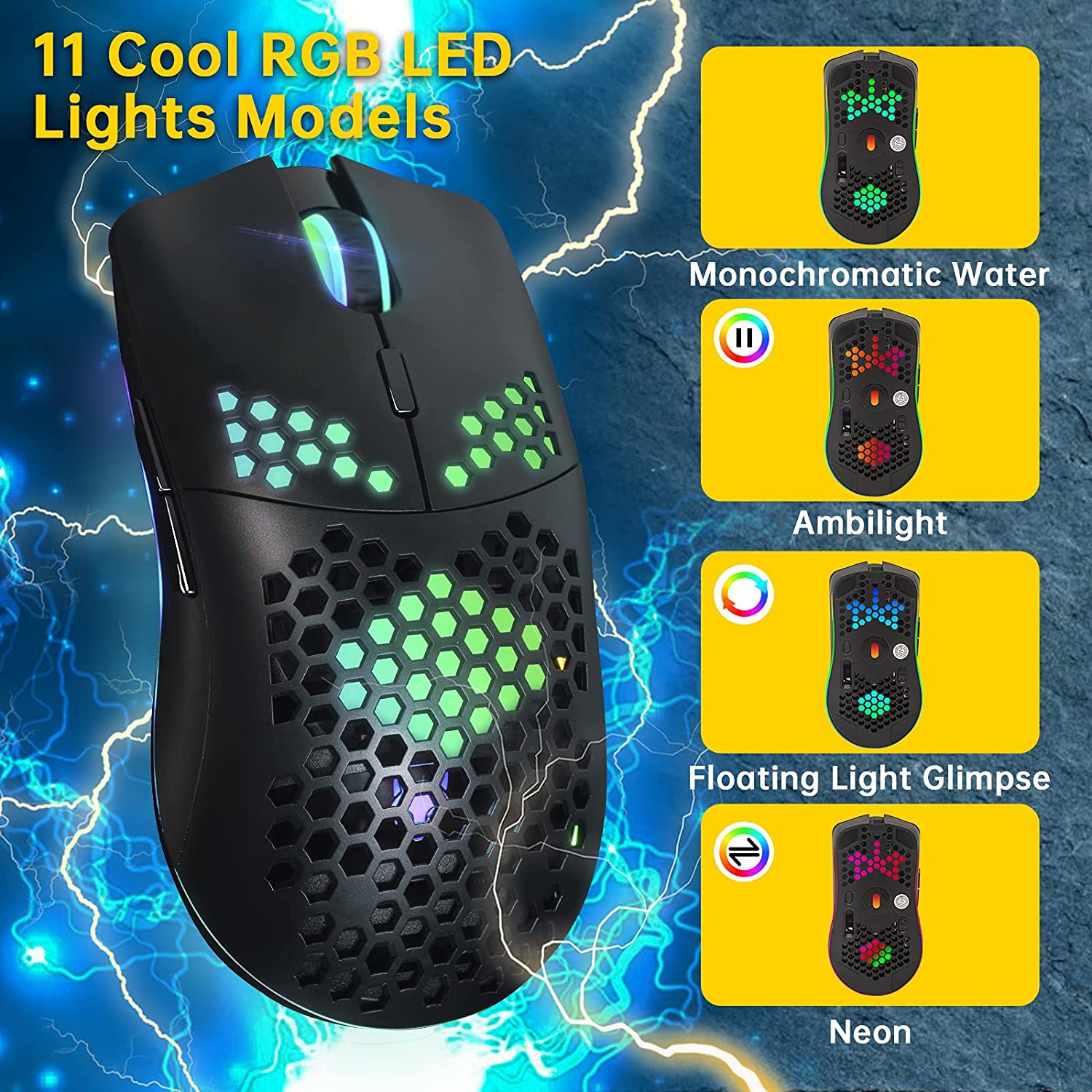 Wireless Gaming Mouse,Computer Mouse with Honeycomb Shell,11 RGB Backlit,3,400 DPI,6 Programmed Buttons,USB Receiver,Power Saving,Wireless Mouse for