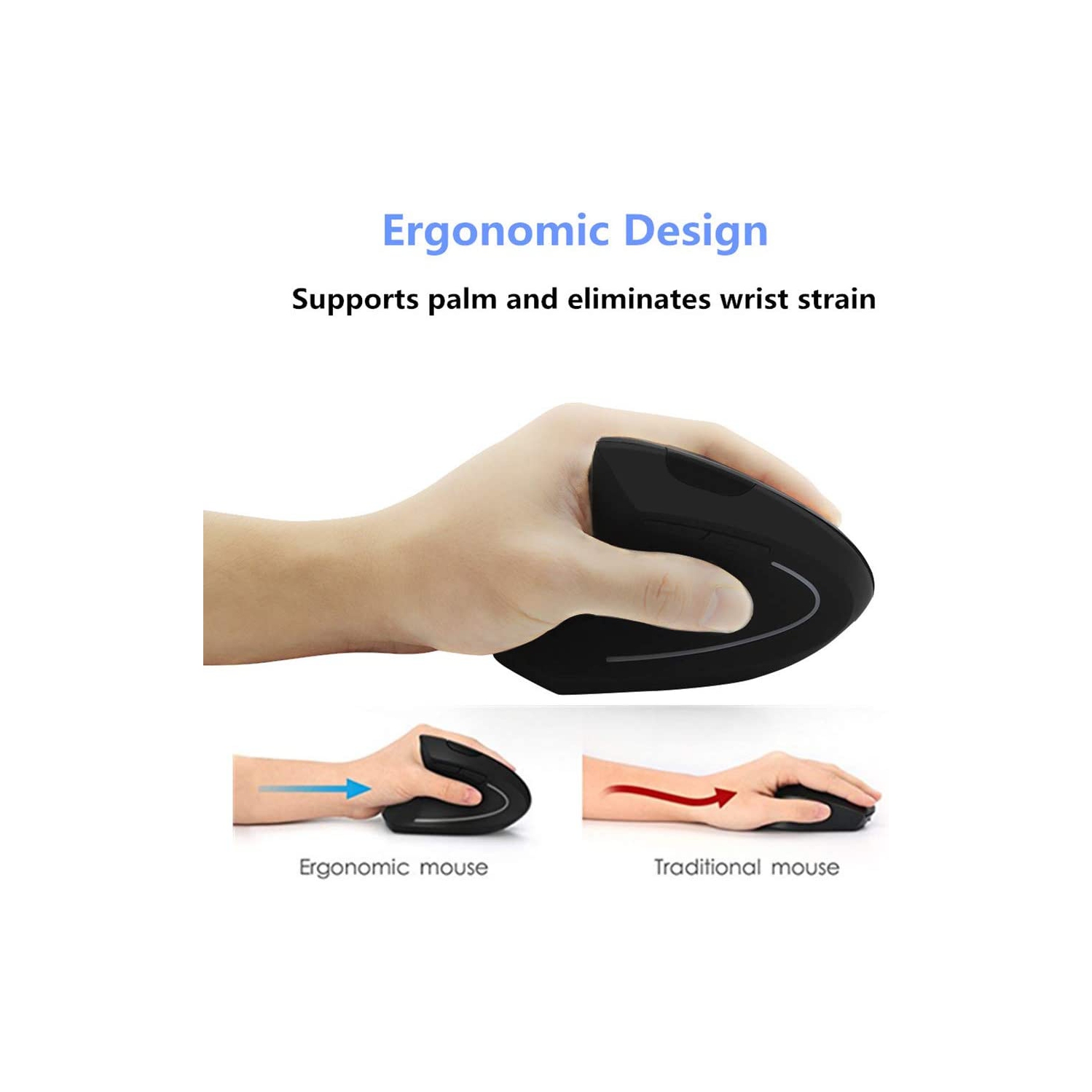 Left-Handed Mouse, Rechargeable 2.4G Wireless Ergonomic Vertical Mice with USB Receiver, 6 Buttons and 3 Adjustable DPI 800/1200/1600 for Laptop