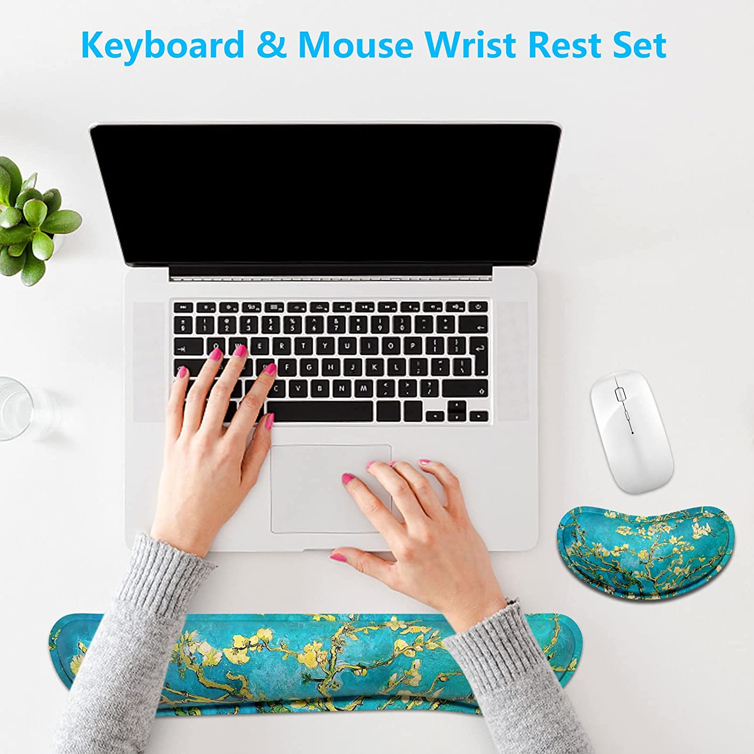 Enlarge Keyboard Wrist Rest Pad,Memory Foam Set Wrist Cushion Support for Easy Typing & Pain Relief,Mouse Wrist Pad, Anti-Slip Wrist Support for