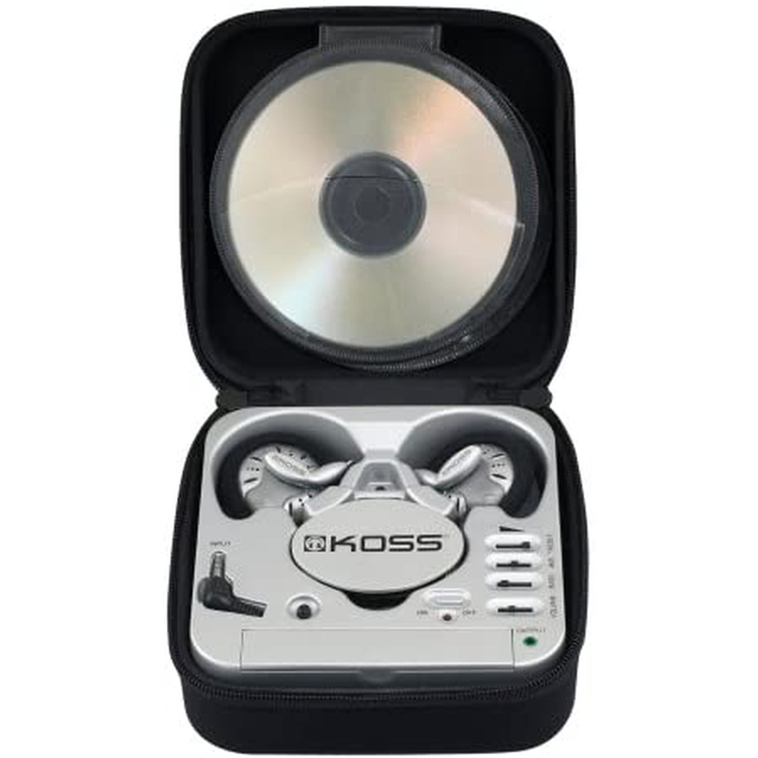 Koss Stereophones with Sportclip Portable Amplifier with Built-In Equalizer 3.5mm with Carry Case Retractable Cord - Silver & Black