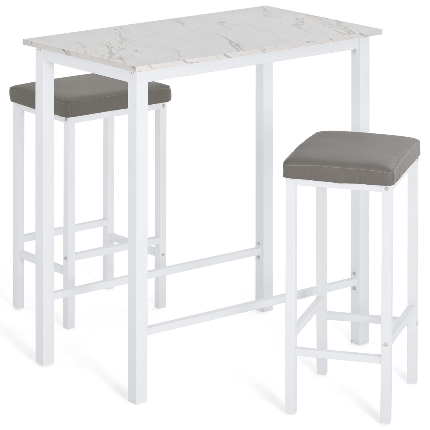 HOMOOI 3-Piece bar Table and Chairs Set, Faux Marble Kitchen Table Set with 2 Backless Stools, White
