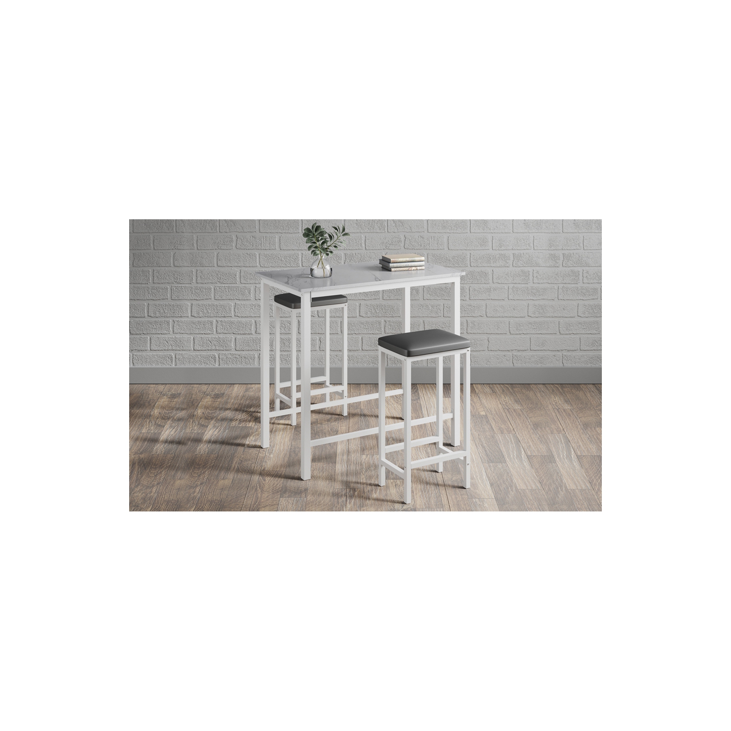 HOMOOI 3-Piece bar Table and Chairs Set, Faux Marble Kitchen Table Set with 2 Backless Stools, White