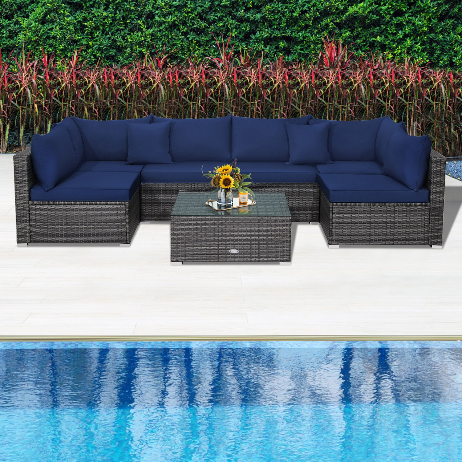 Gymax 7PCS Patio Rattan Sectional Sofa Set Outdoor Furniture Set w/ Cushions