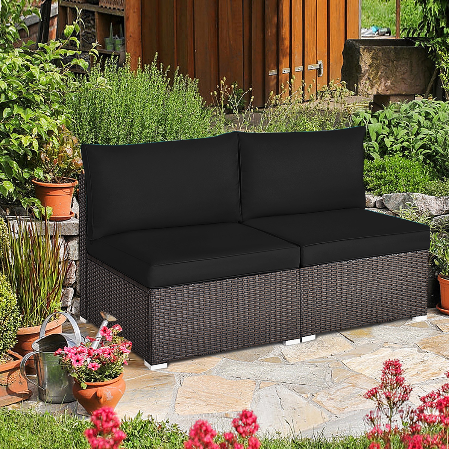 Gymax 2PCS Patio Sectional Armless Sofas Outdoor Rattan Furniture Set w/ Cushions Black