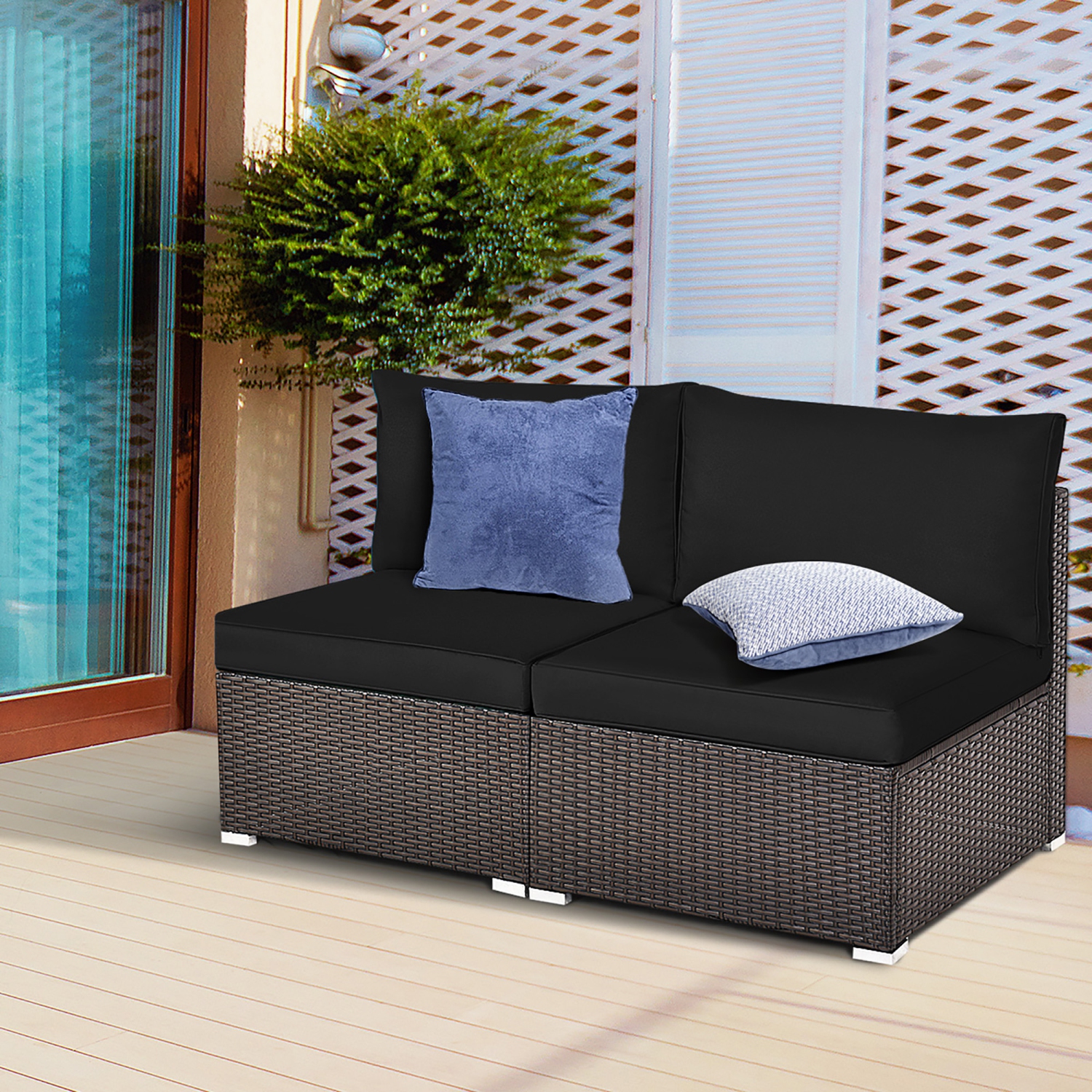 Gymax 2PCS Patio Sectional Armless Sofas Outdoor Rattan Furniture Set w/ Cushions Black