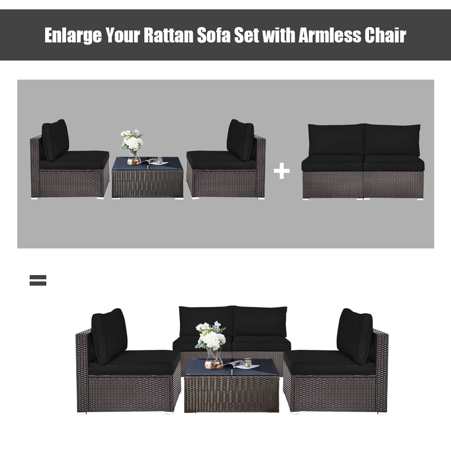 Gymax 2PCS Patio Sectional Armless Sofas Outdoor Rattan Furniture Set w/ Cushions Black