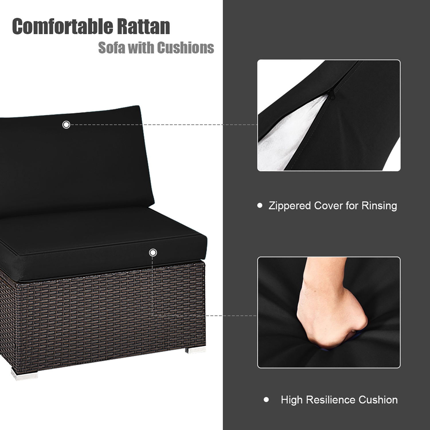 Gymax 2PCS Patio Sectional Armless Sofas Outdoor Rattan Furniture Set w/ Cushions Black