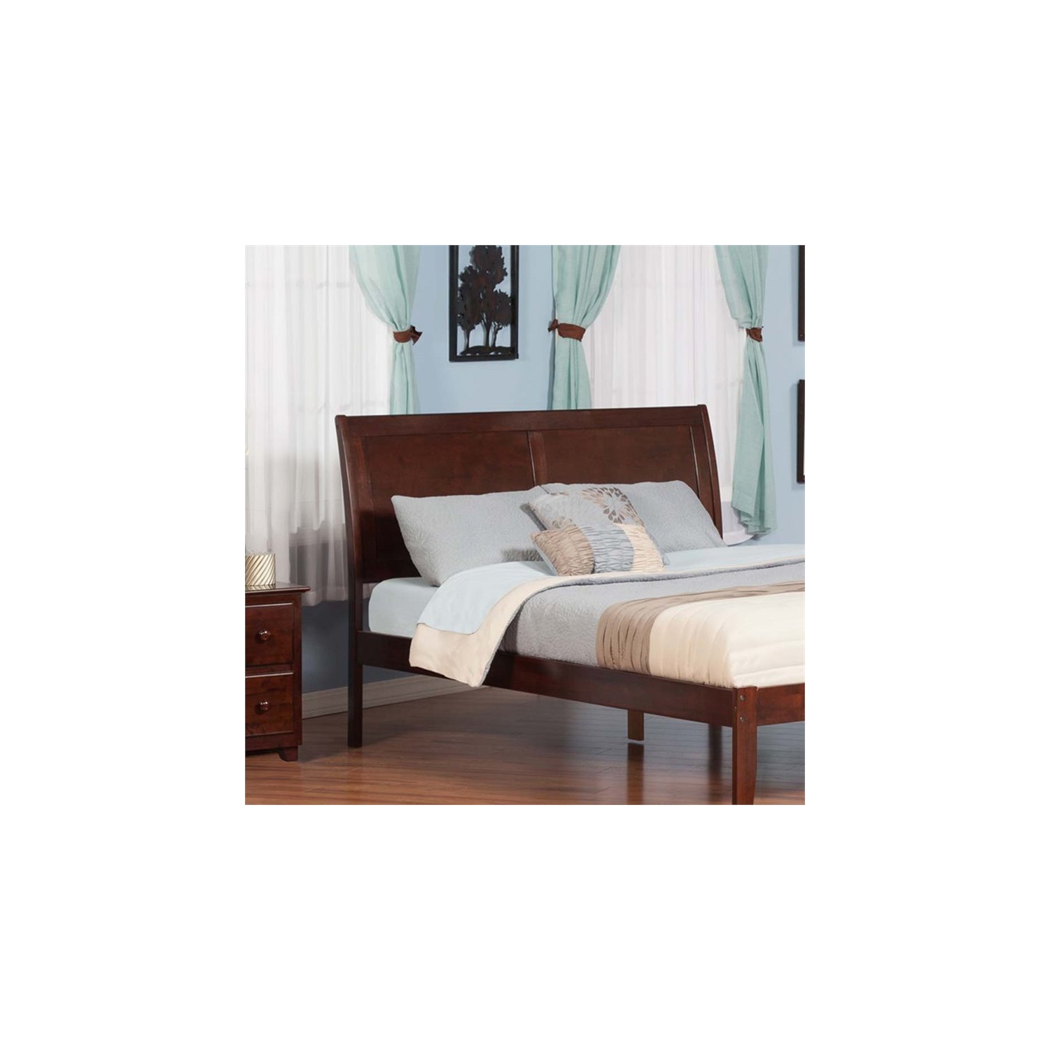 Tête de lit-bateau en bois massif avec chargeur AFI Portland, noyer, grand lit 2 places