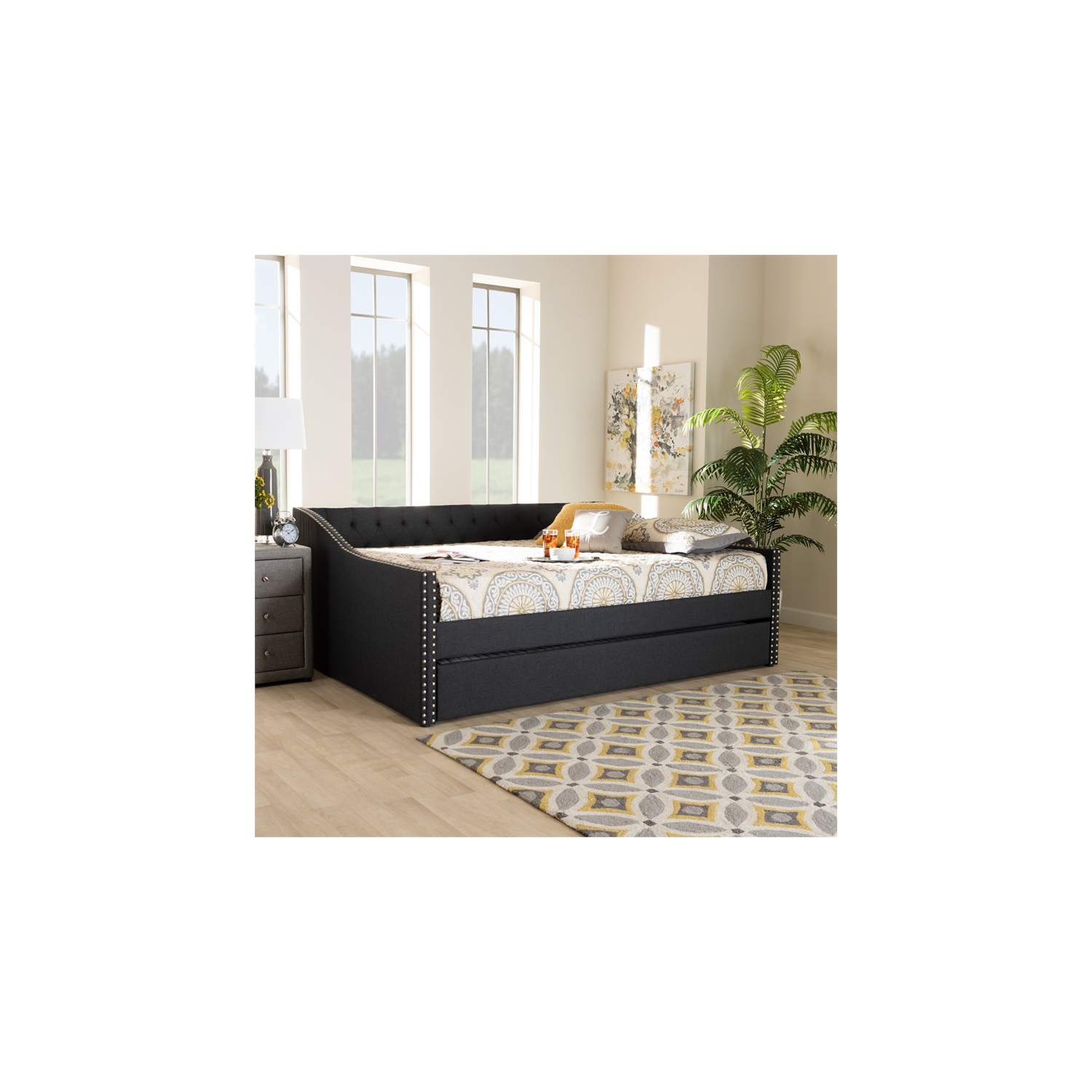 Bowery Hill Queen Size Dark Grey Upholstered Daybed with Trundle