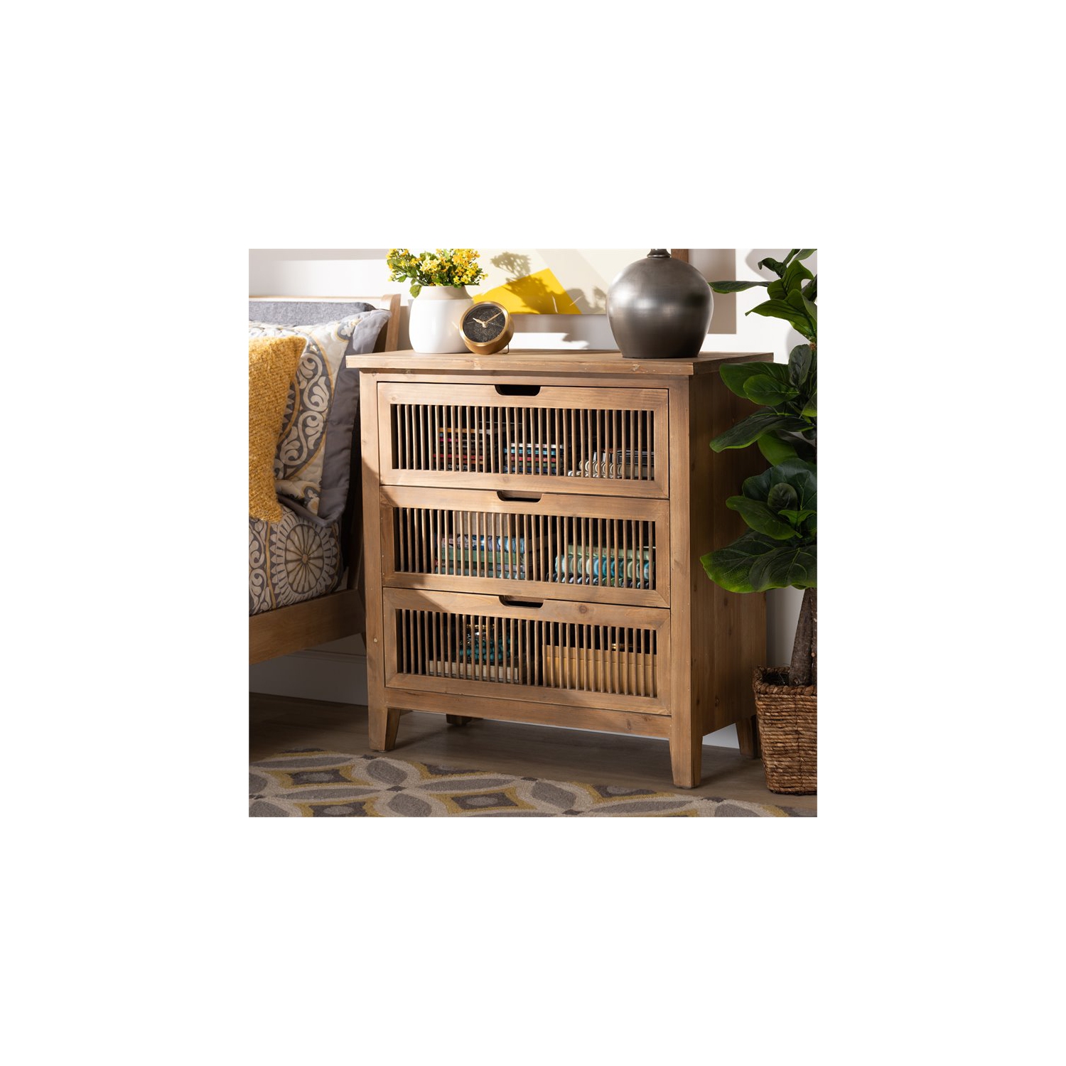 Baxton Studio Clement Medium Oak Finished 3-Drawer Wood Spindle Chest