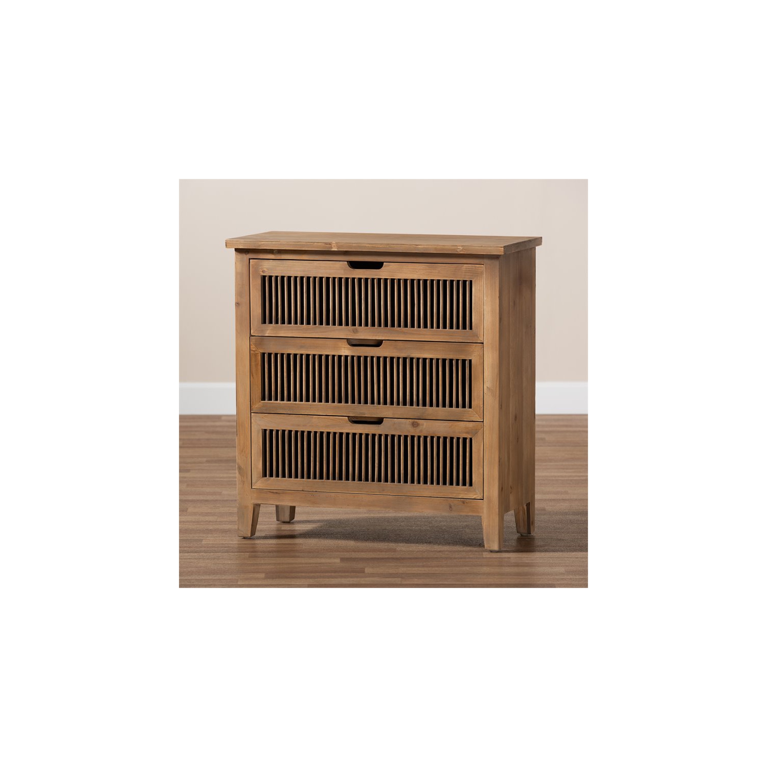 Baxton Studio Clement Medium Oak Finished 3-Drawer Wood Spindle Chest