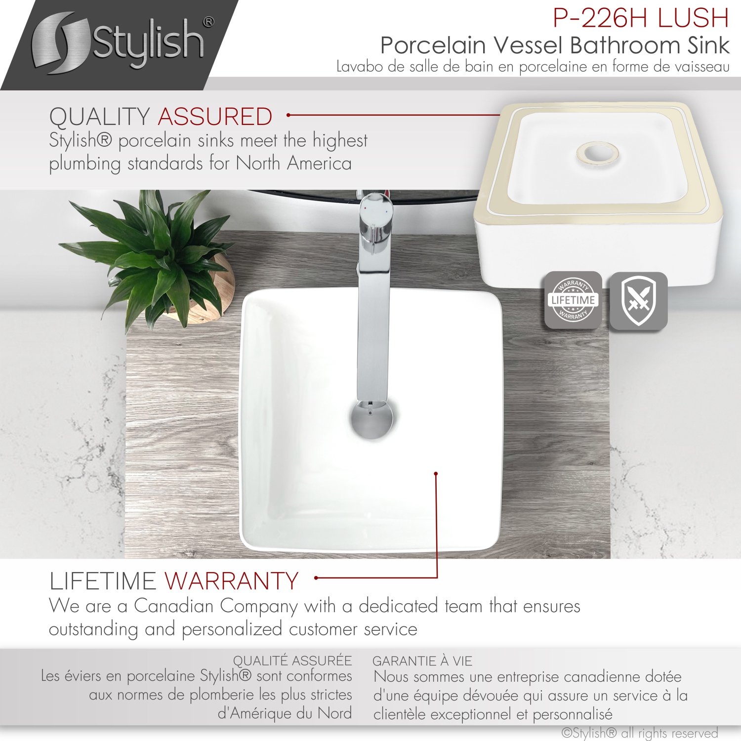 STYLISH Porcelain Rectangular 14-1/2-inches Vessel Ceramic Bathroom Sink White P-226H