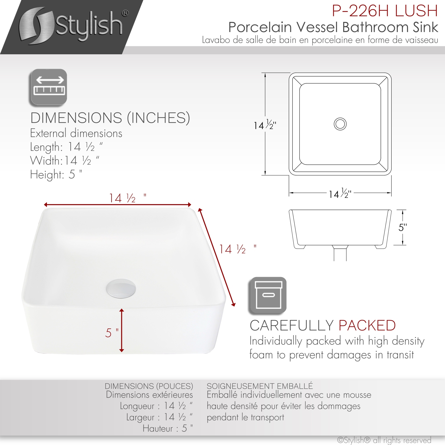 STYLISH Porcelain Rectangular 14-1/2-inches Vessel Ceramic Bathroom Sink White P-226H
