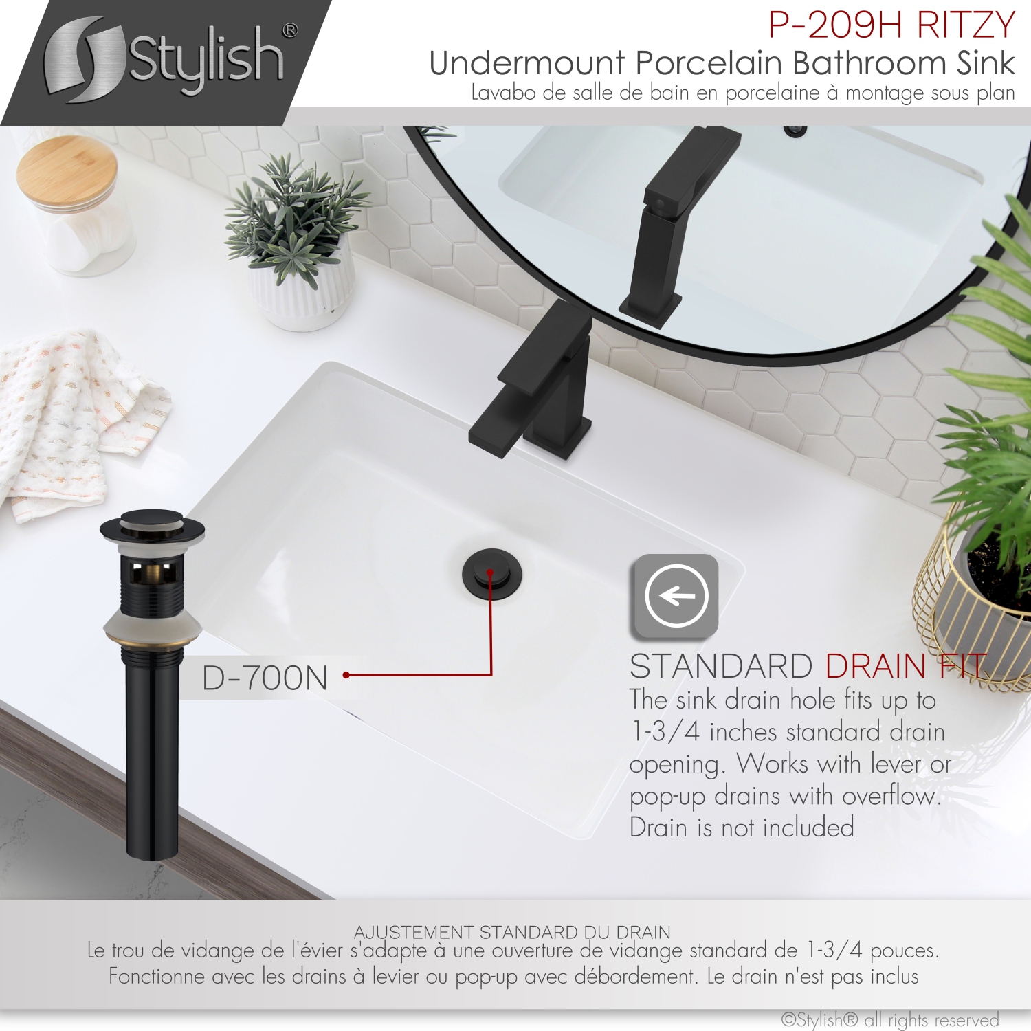 Évier de salle de bain rectangulaire de 20 3 po 8 en porcelaine avec deux finis de débordement inclus