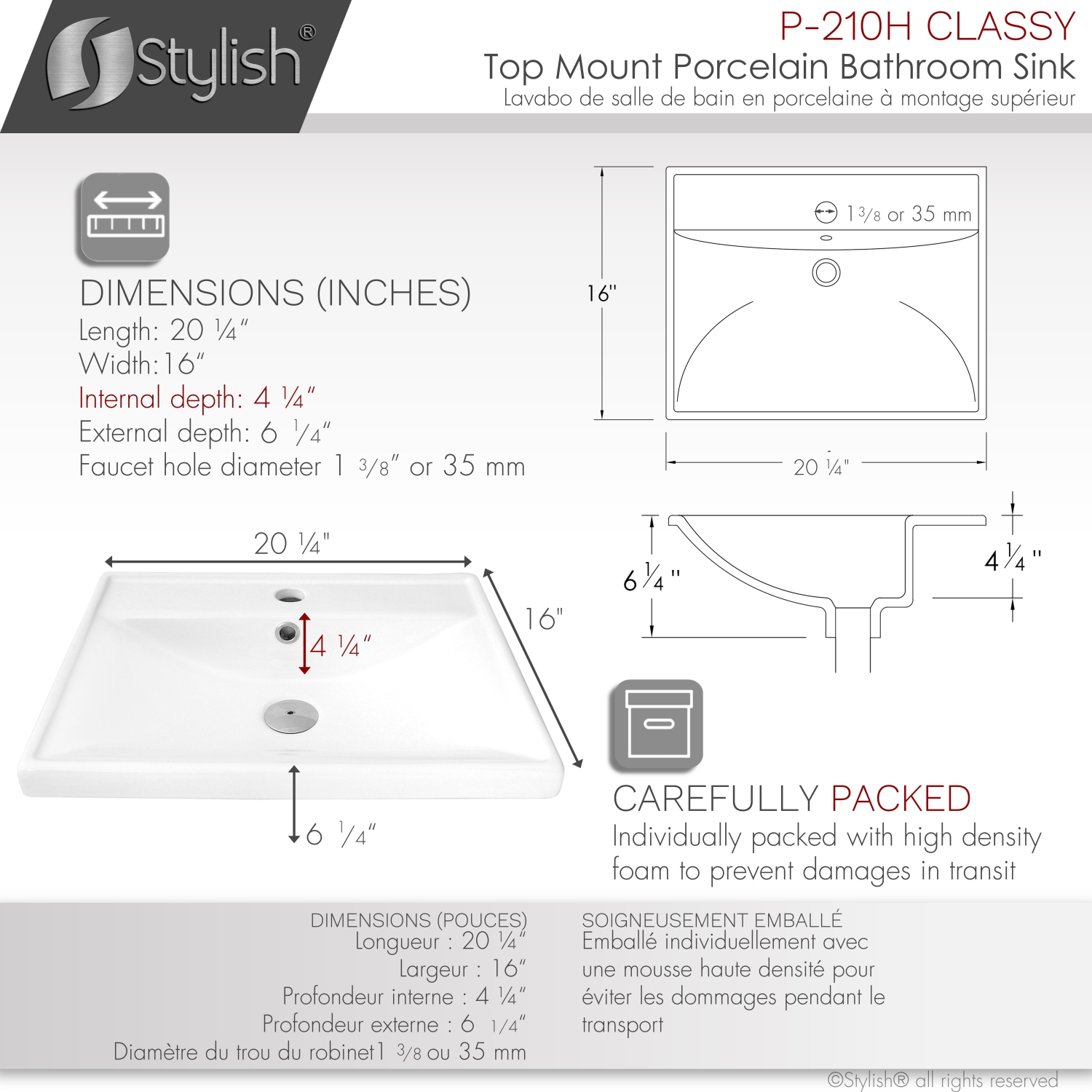 19 3/4 inch Rectangular Undermount Porcelain Bathroom Sink with Two Overflow Finishes included.