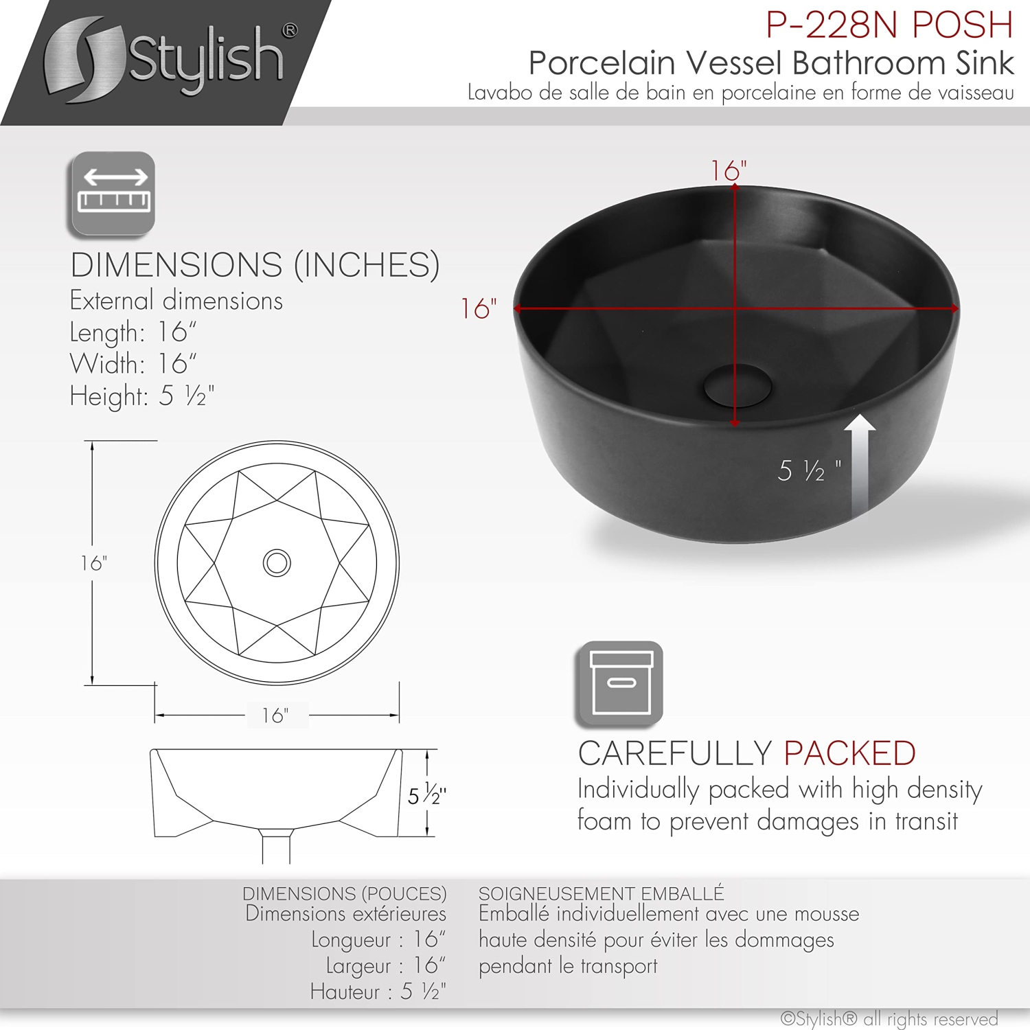 Élégant vasque rond noir de 16 po de largeur P-228N