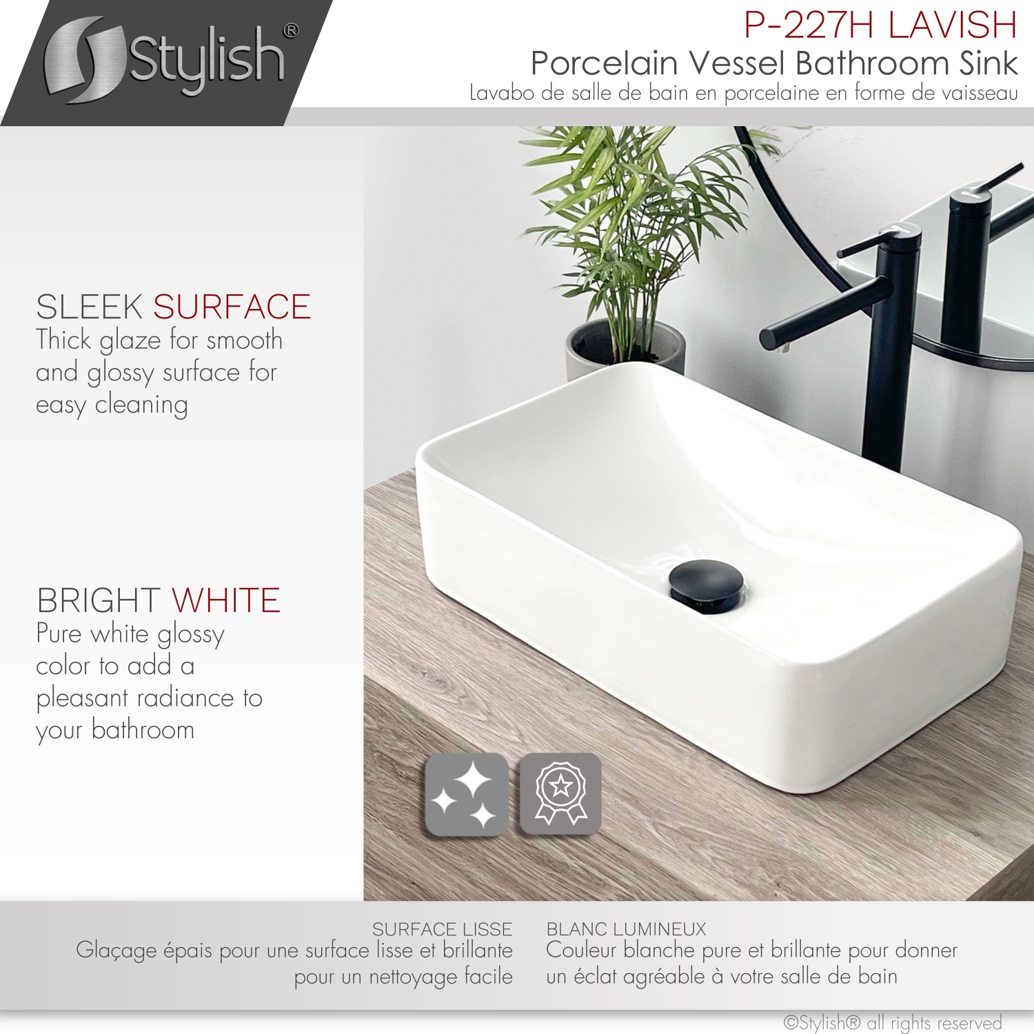 Vasque de salle de bain en céramique rectangulaire en porcelaine, 18-7/8 po, blanc : Somptueux