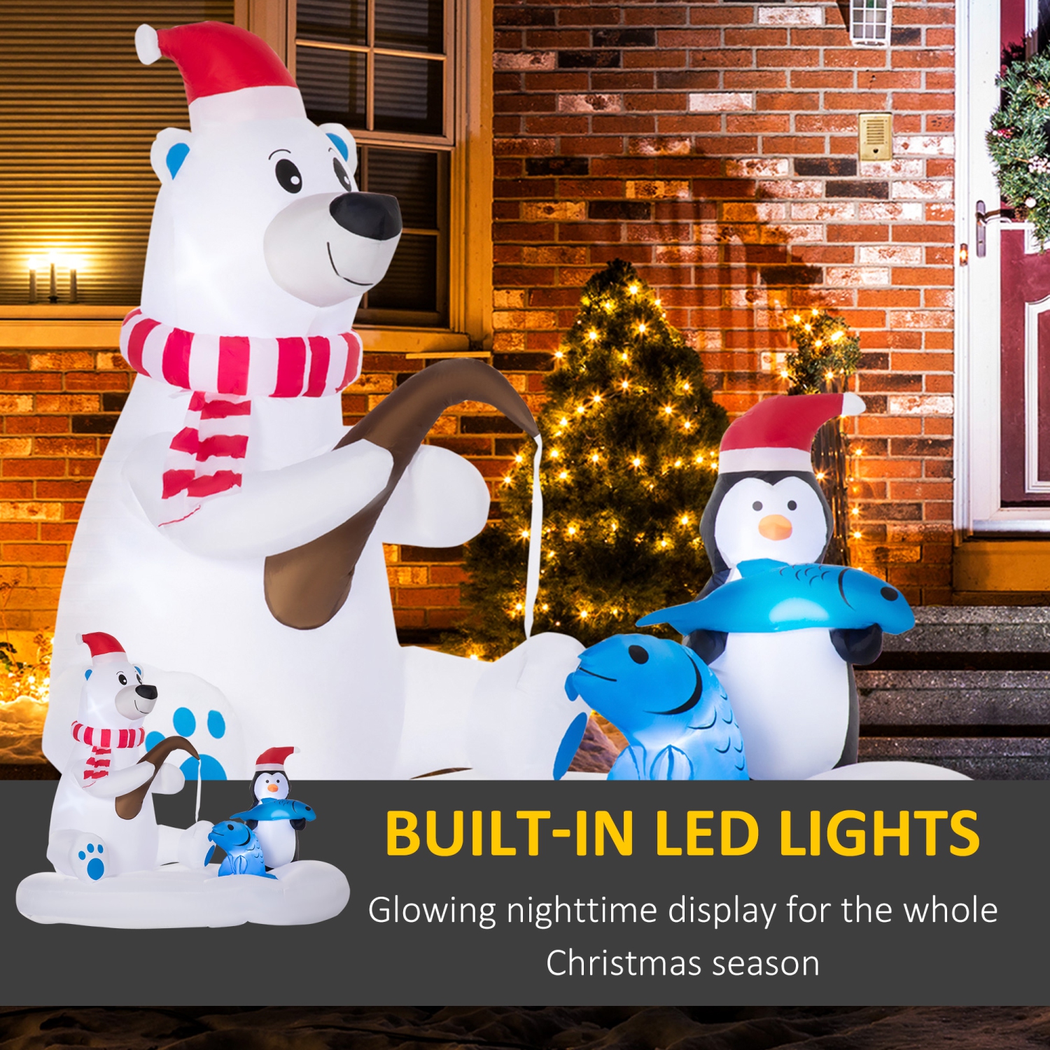 Outsunny 6ft Inflatable Christmas Polar Bear Wearing a Santa Hat with His Penguin Fishing companion on Board, Blow-Up Outdoor LED Yard Display for