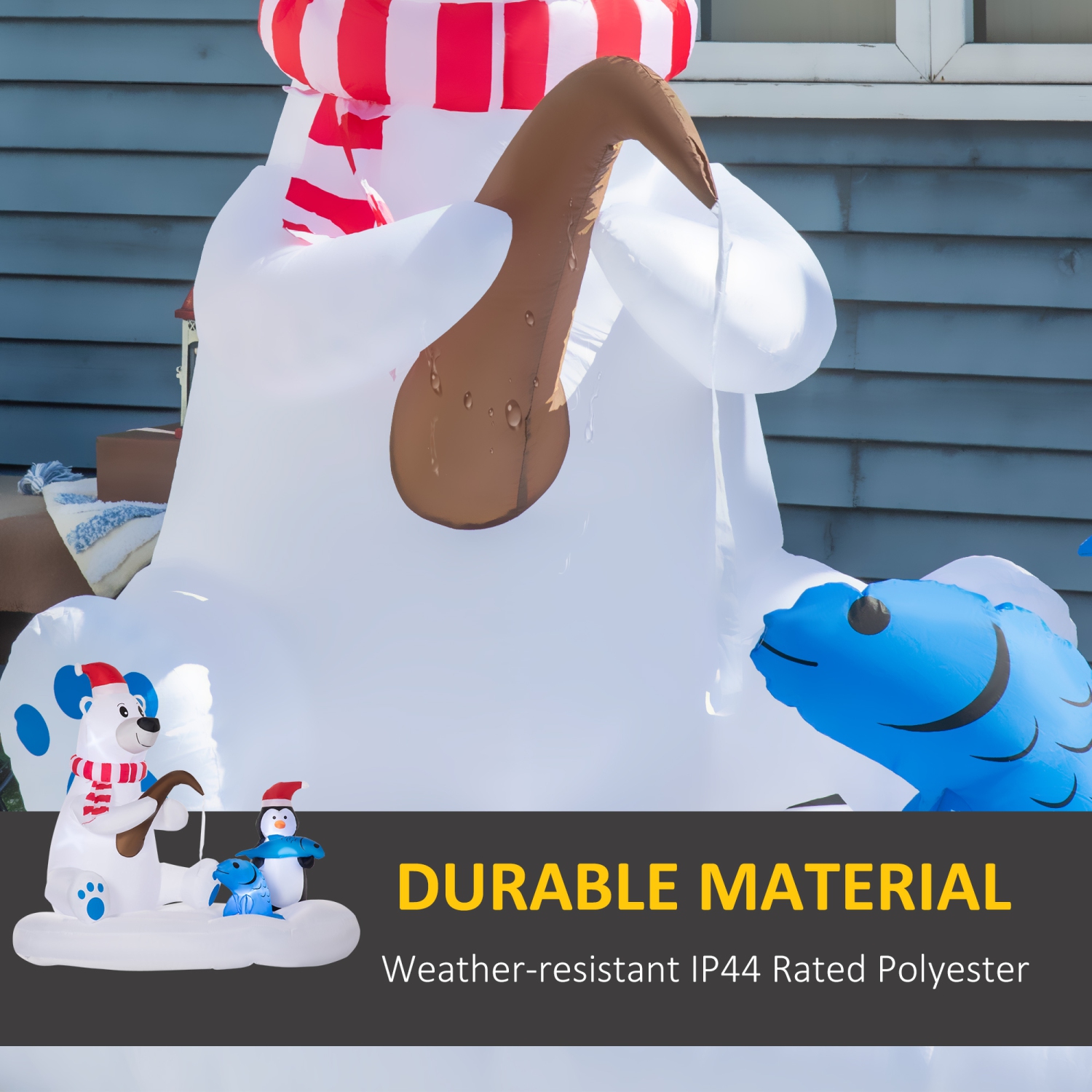 Outsunny 6ft Inflatable Christmas Polar Bear Wearing a Santa Hat with His Penguin Fishing companion on Board, Blow-Up Outdoor LED Yard Display for