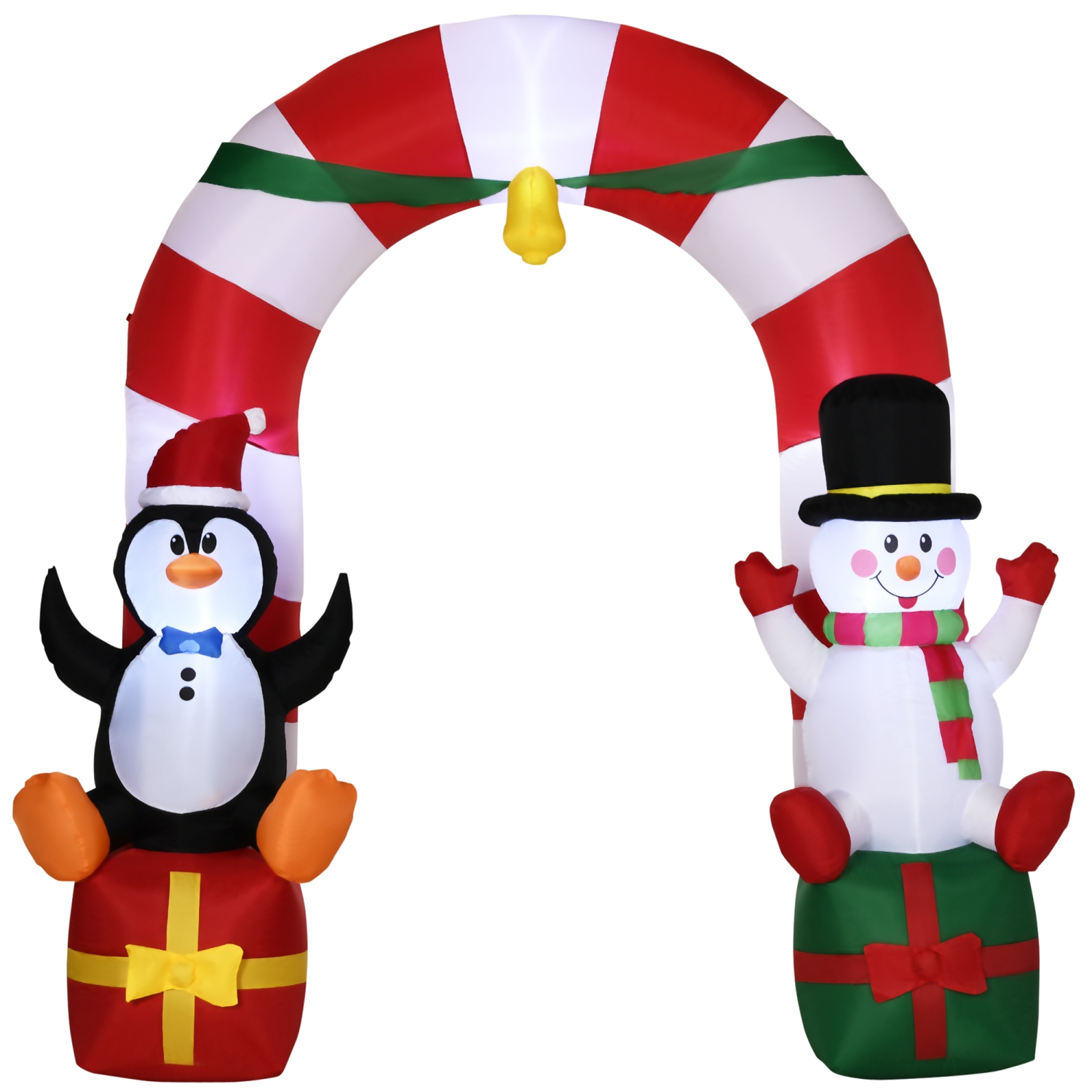 Outsunny 9ft Inflatable Christmas Candy Cane Arch with Penguin Snowman Sitting on Top of Gift Boxes, Blow-Up Outdoor LED Yard Display for Lawn Garden