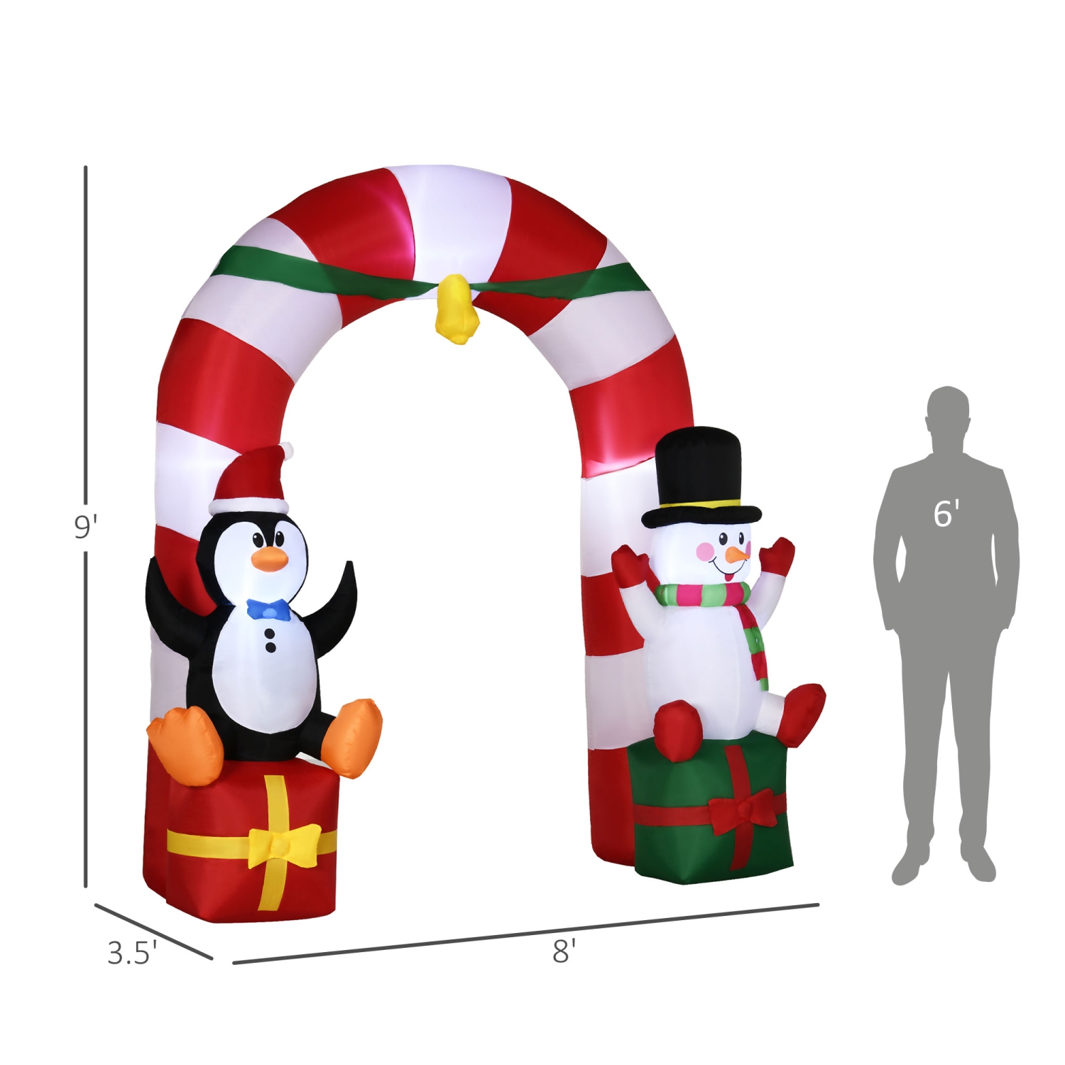 Arche de Noël gonflable en forme de canne de Noël avec bonhomme de neige en forme de pingouin d'Outsunny 9&nbsp;pi sur des boîtes-cadeaux, présentoir