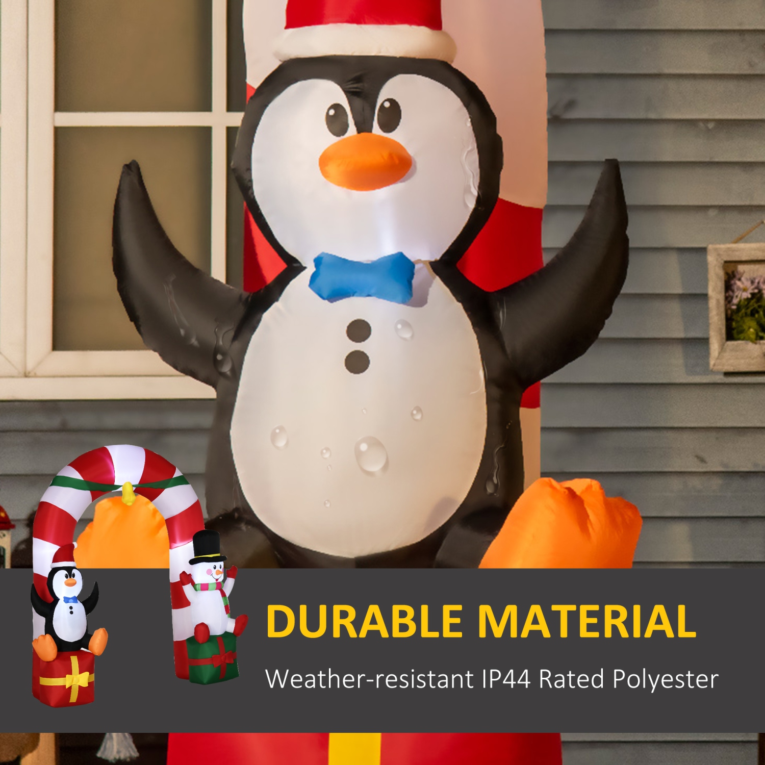 Arche de Noël gonflable en forme de canne de Noël avec bonhomme de neige en forme de pingouin d'Outsunny 9&nbsp;pi sur des boîtes-cadeaux, présentoir