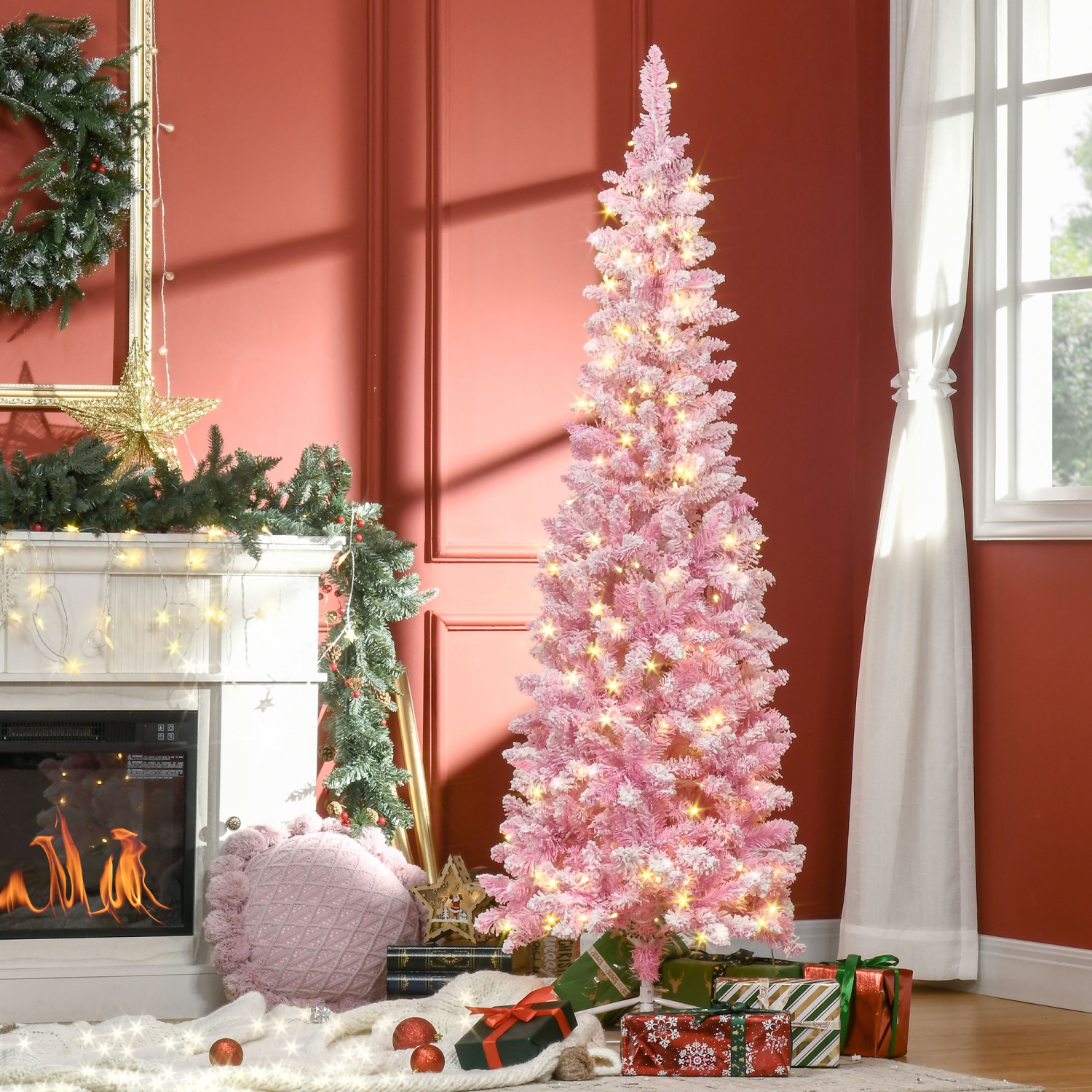 HOMCOM 6 Foot Prelit Snow Flocked Artificial Christmas Tree with Pencil Shape, 500 Pine Realistic Branches, Warm White LED lights, Auto Open, Pink