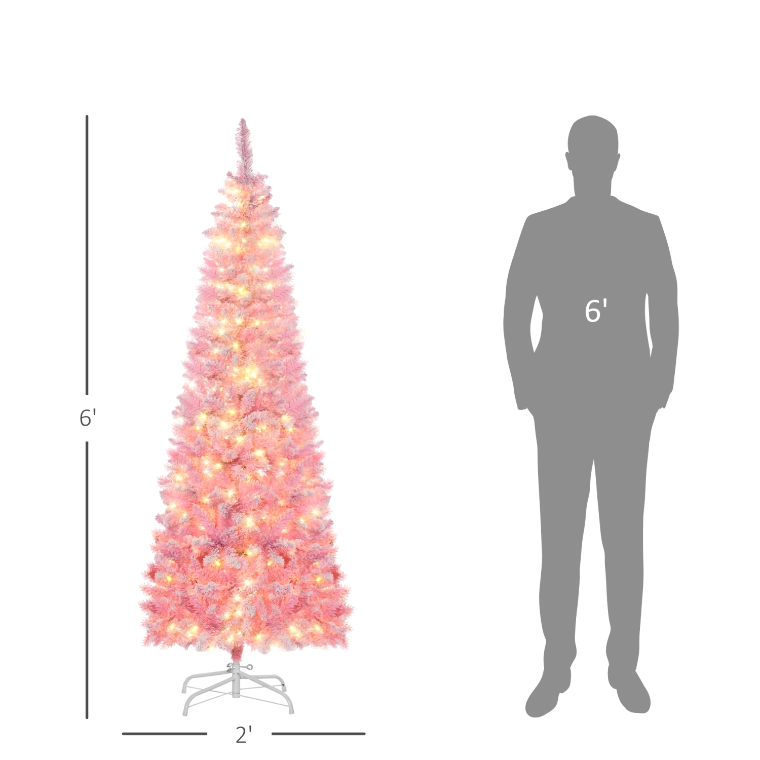 HOMCOM 6 Foot Prelit Snow Flocked Artificial Christmas Tree with Pencil Shape, 500 Pine Realistic Branches, Warm White LED lights, Auto Open, Pink