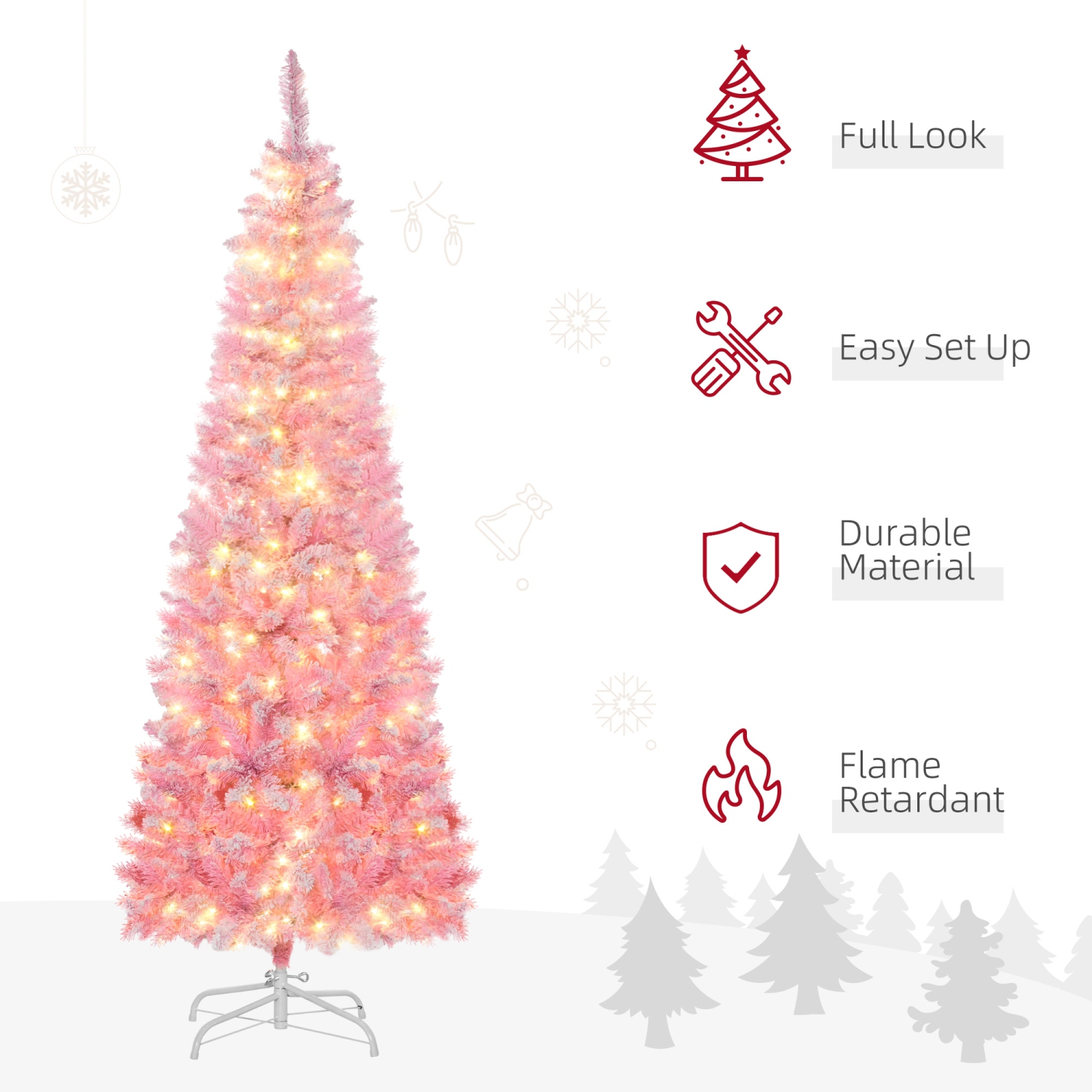 HOMCOM 6 Foot Prelit Snow Flocked Artificial Christmas Tree with Pencil Shape, 500 Pine Realistic Branches, Warm White LED lights, Auto Open, Pink