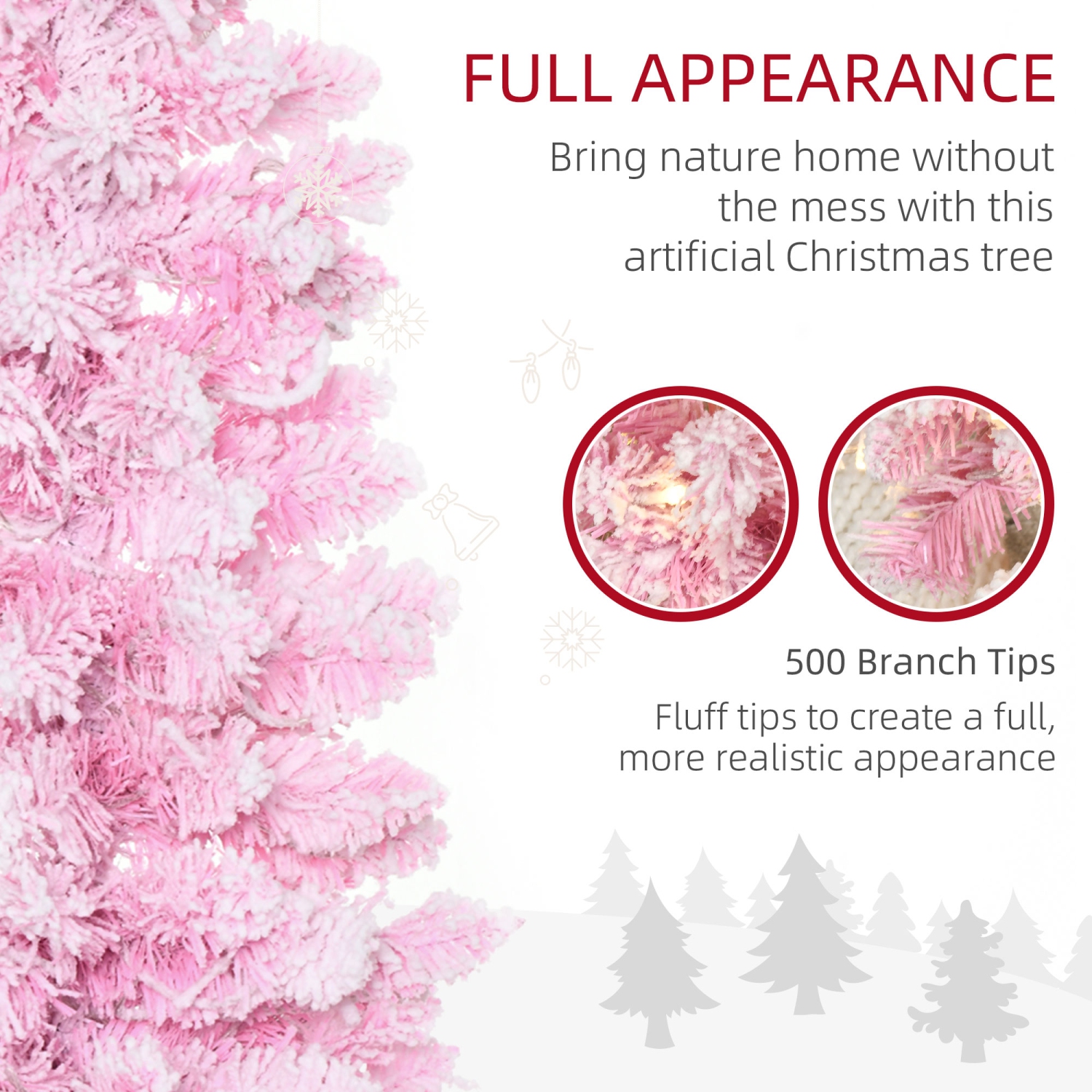 HOMCOM 6 Foot Prelit Snow Flocked Artificial Christmas Tree with Pencil Shape, 500 Pine Realistic Branches, Warm White LED lights, Auto Open, Pink